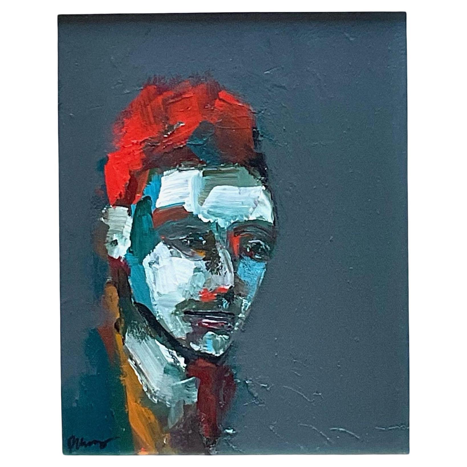 Portrait sur toile fauviste abstrait vintage signé Crimson