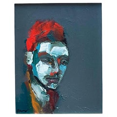 Abstraktes fauvistisches signiertes Crimson-Porträt auf Leinwand, Vintage