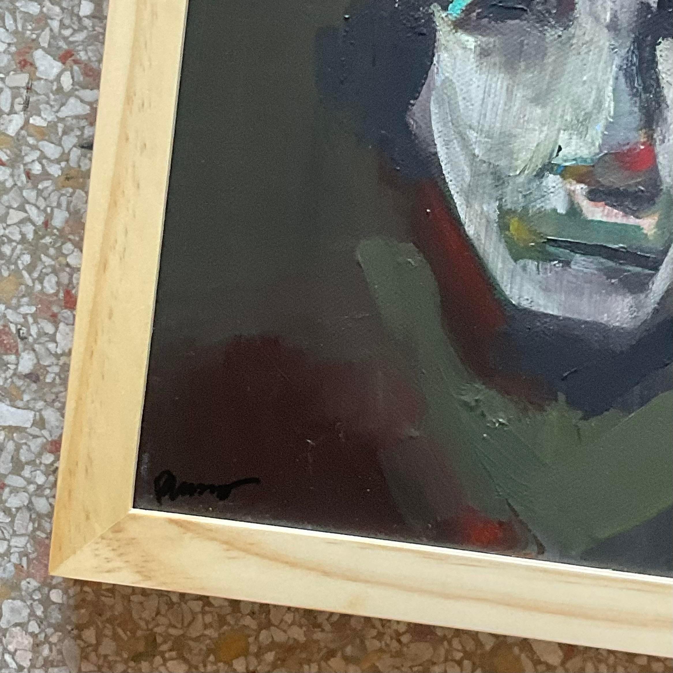 A fantastic vintage Boho original oil painting. A chic Abstract portrait in deep rich colors. Signed by the artist. Acquired from a Palm Beach estate.