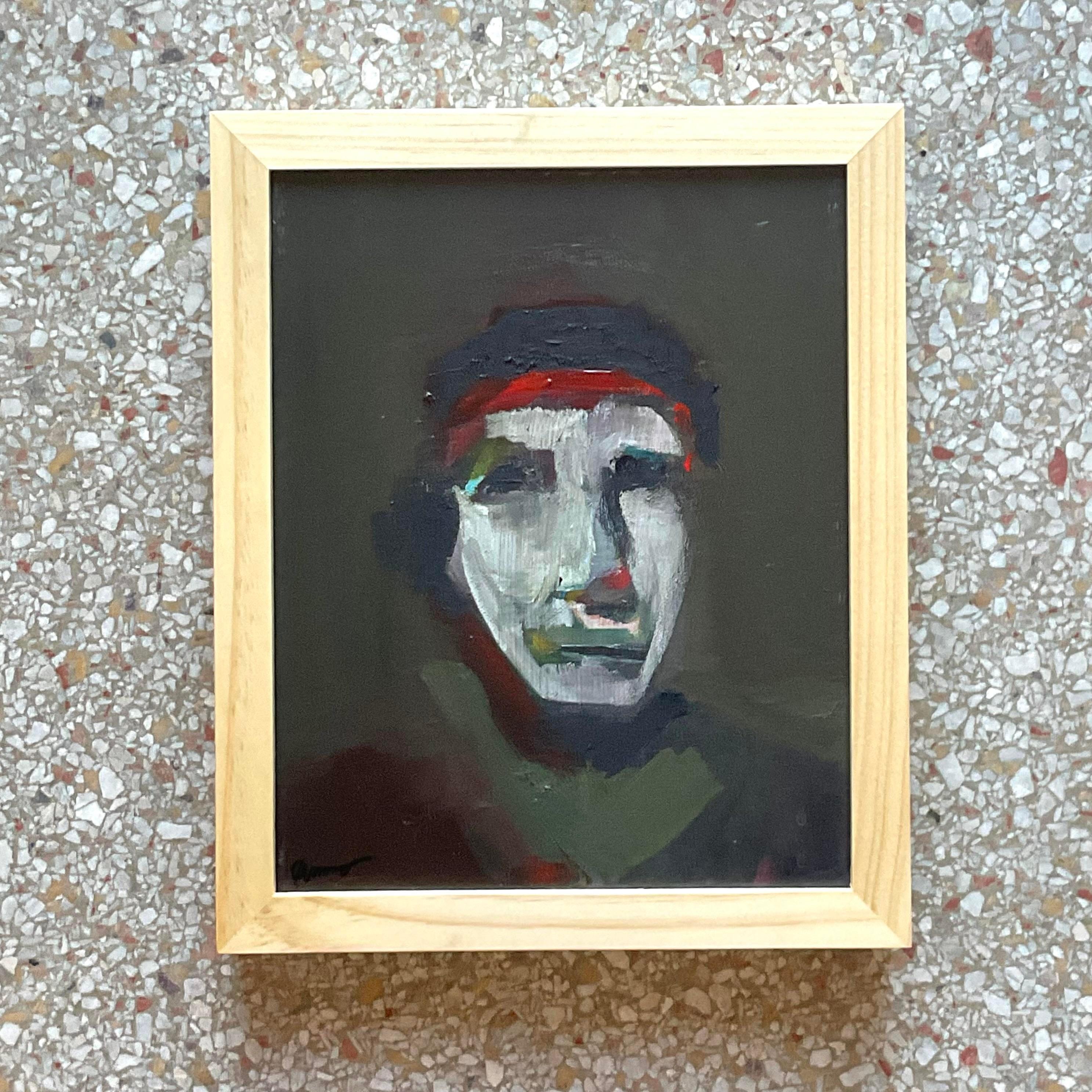 Contemporary Vintage Abstract Fauvist Signed Original Oil Abstract Portrait on Canvas For Sale