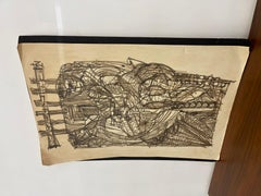 Disegno astratto figurativo d'epoca a inchiostro su carta, firmato Espressionista modernista