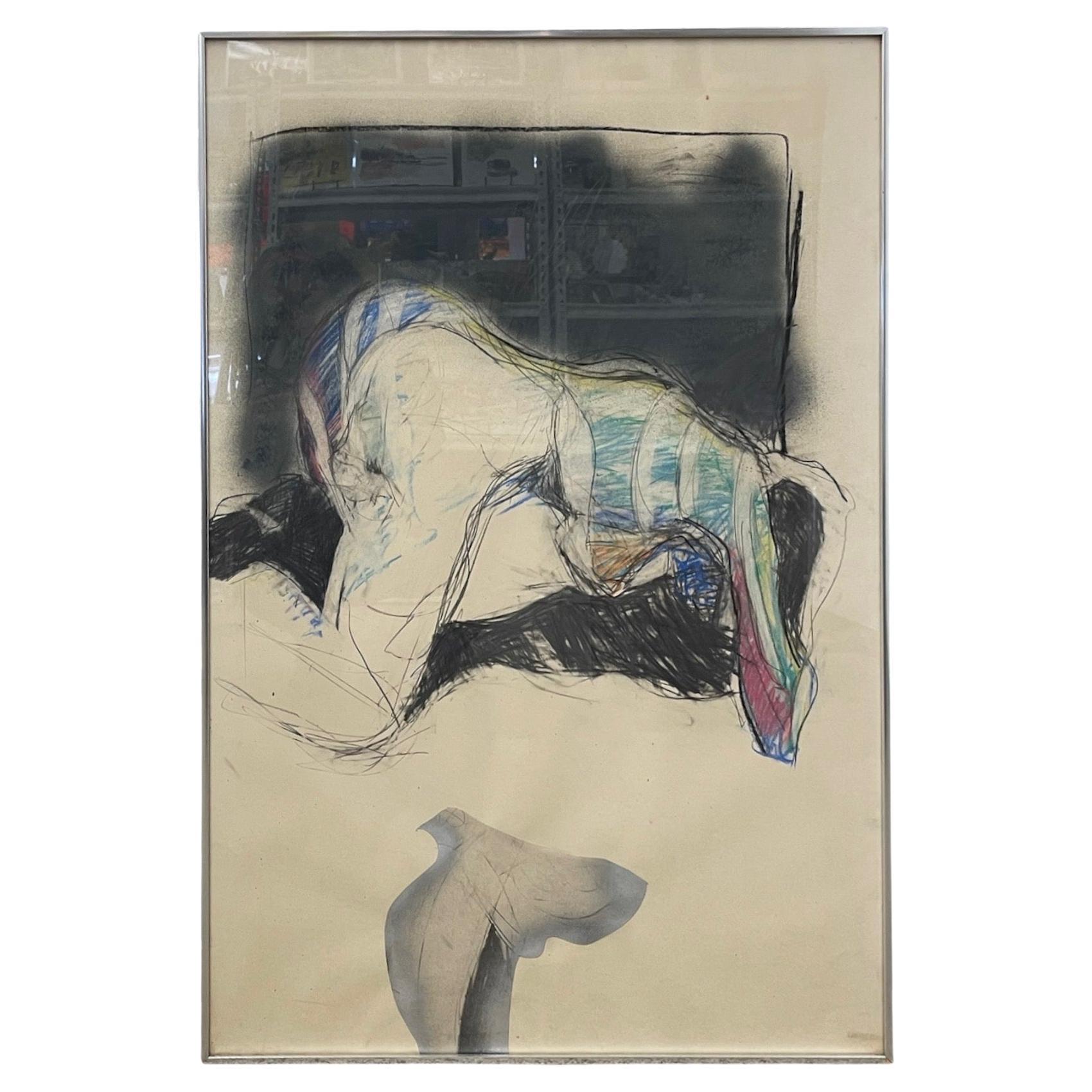 Vintage Abstract Figurative Mixed Media Zeichnung mit Pastell Akzenten im Angebot