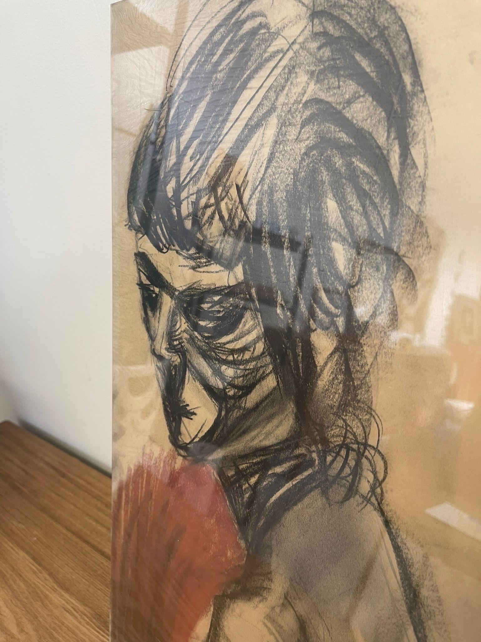 Vintage Abstract Figure Drawing on Paper with Plastic Covering Possibly Charcoal or Pastel

Dimensions. 16 L ; 1/4 P ; 20 H