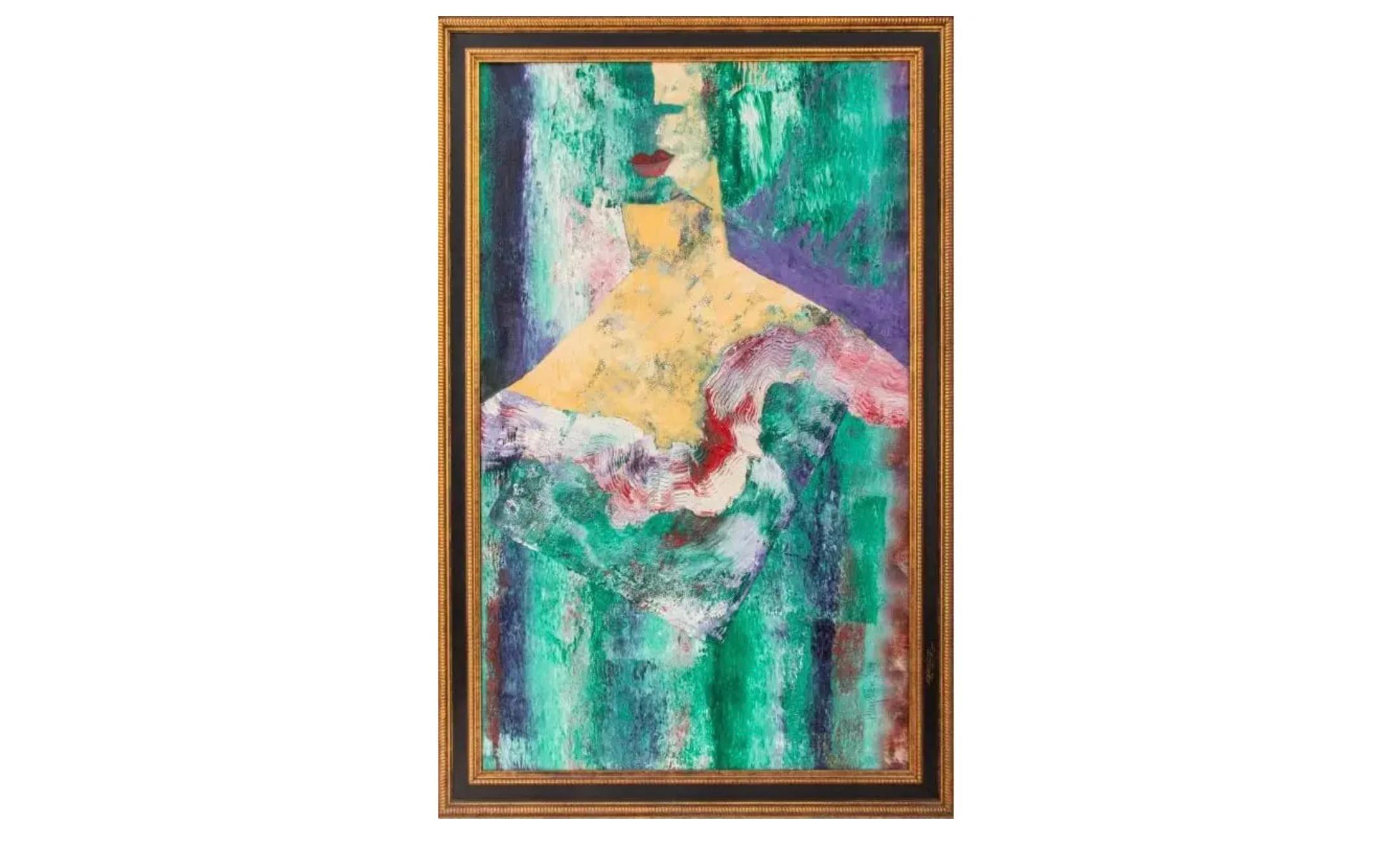 Das 1984 entstandene Ölgemälde von John Hayden zeigt eine abstrakte weibliche Figur in kräftigen Farben und mit ausdrucksstarken Pinselstrichen. Das Gemälde ist in der linken unteren Ecke und auf der Rückseite vom Künstler signiert. Es ist in einem