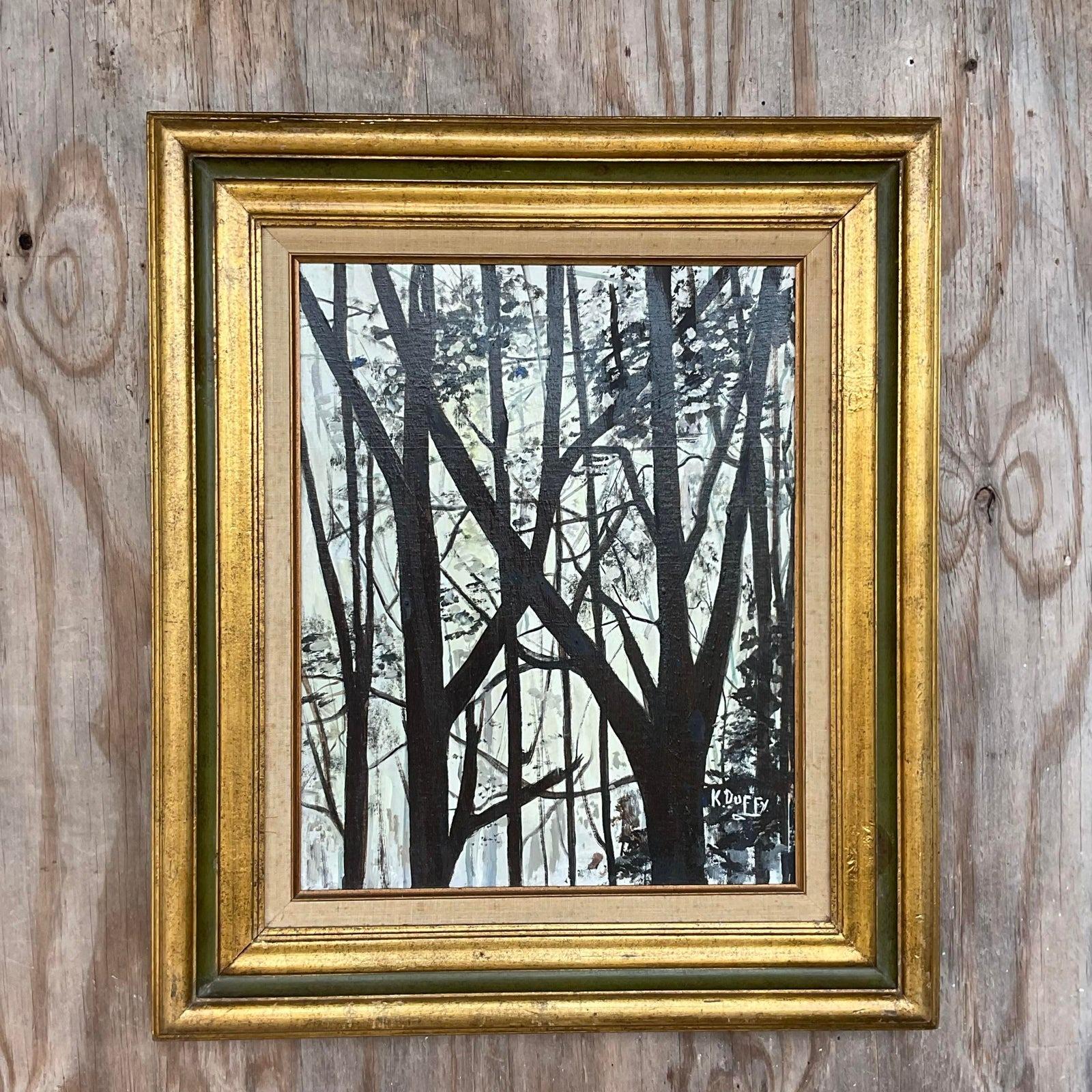 A fantastic vintage painting of a forest in black and white. Acquired at a Palm Beach estate.