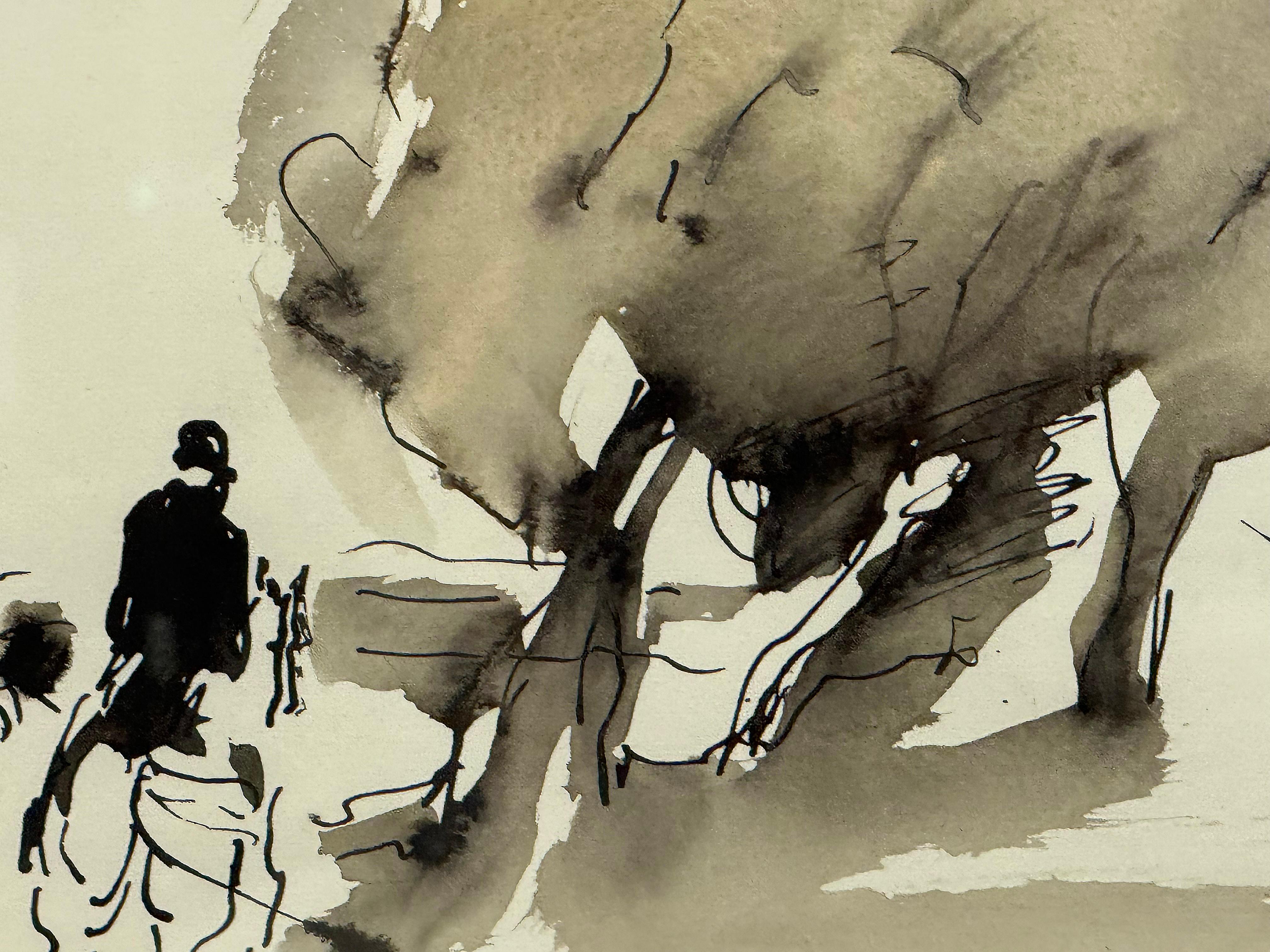 Vintage Abstract Fox Hunt Pferd Gemälde in Gouache und Tinte Aquarell (Moderne) im Angebot