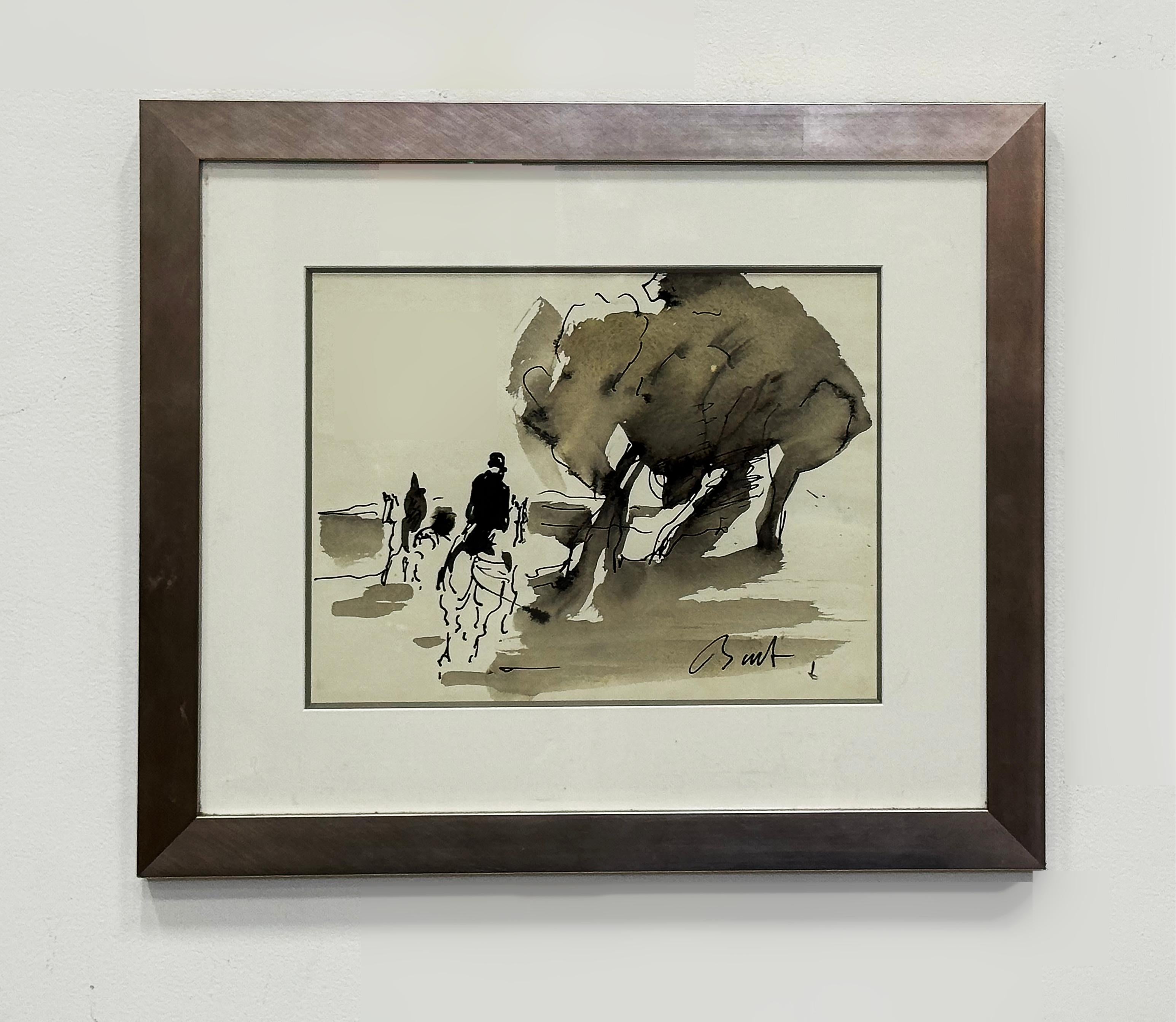 Vintage Abstract Fox Hunt Pferd Gemälde in Gouache und Tinte Aquarell (Handbemalt) im Angebot