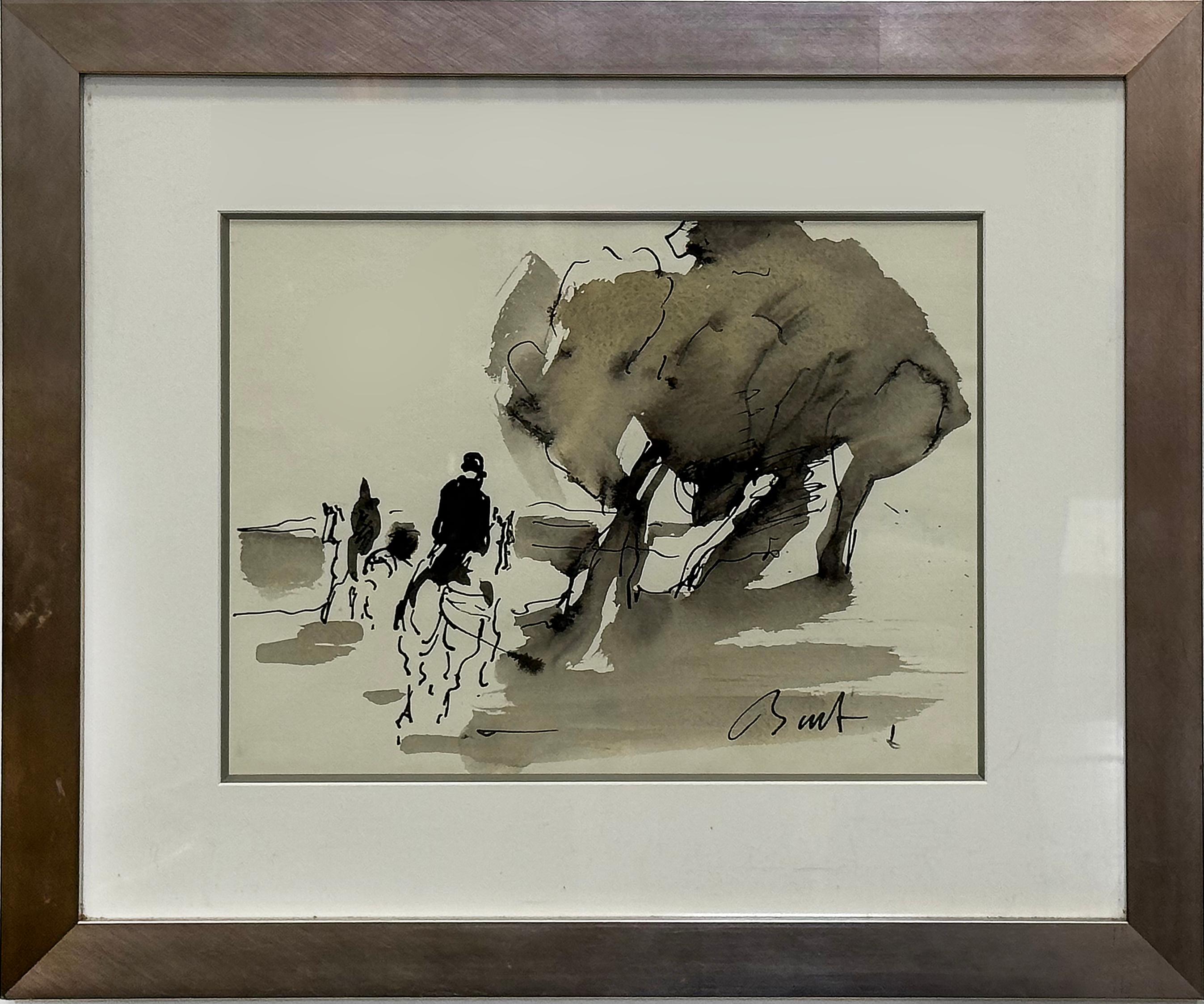 Vintage Abstract Fox Hunt Pferd Gemälde in Gouache und Tinte Aquarell im Zustand „Gut“ im Angebot in Miami, FL