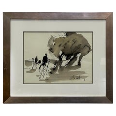 Vintage Abstract Fox Hunt Horse Painting in Gouache and Ink Watercolor