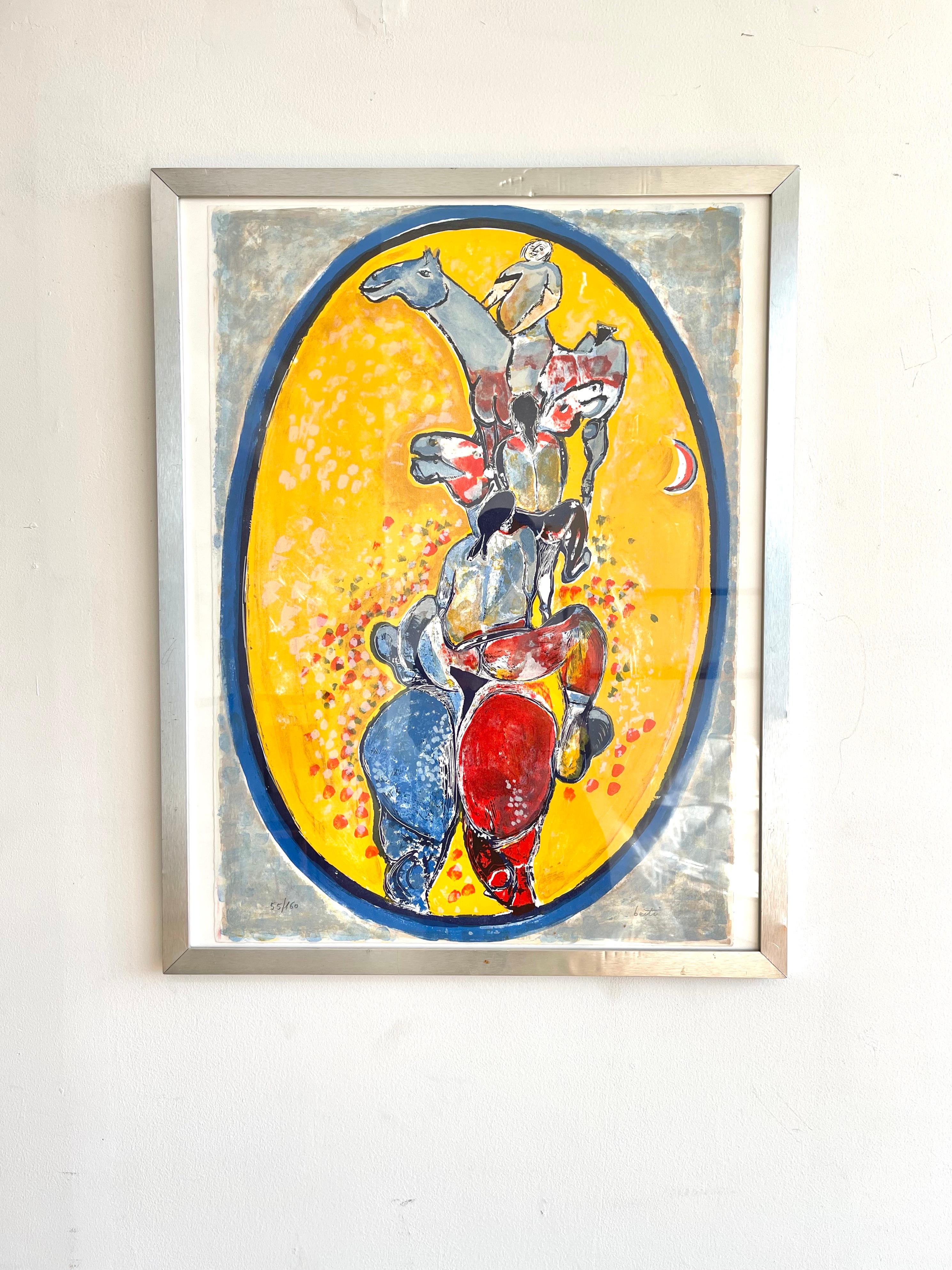 Indulge in the timeless allure of Italian painter Alberto Berti with this stunning Vintage Lithograph from the 1960s. Encased in a sleek rectangular aluminum frame, this limited edition piece titled 'Cavalli e Cavalieri' (Horses and Knights) is a