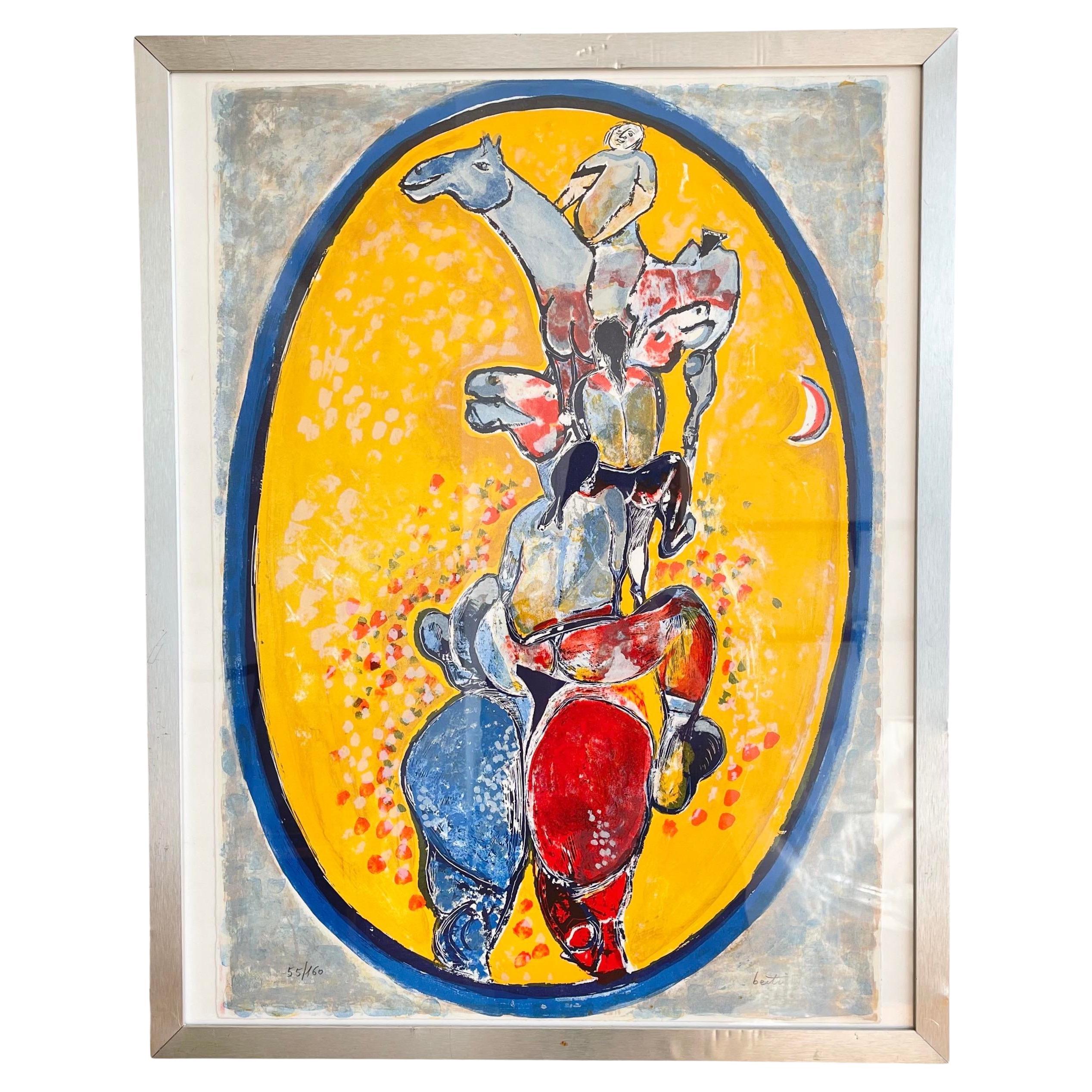 Vintage Abstract Framed Lithograph by Italian Alberto Berti 'Horses and Knights' For Sale