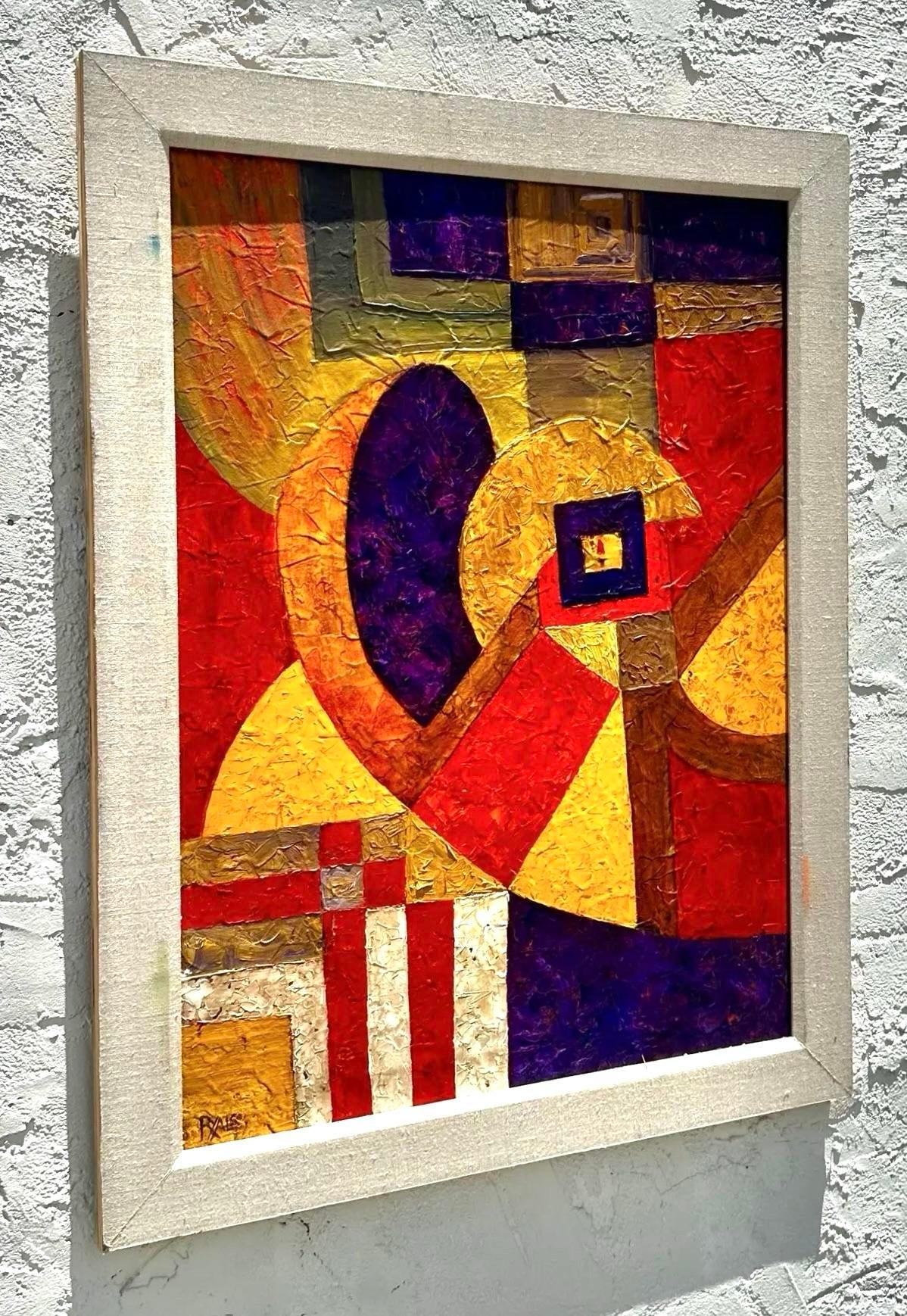 Tela Pittura astratta geometrica d'epoca su tela firmata in vendita