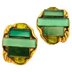 Vintage abstract gold green glass designer runway clip on earrings