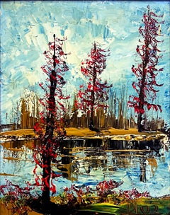 Pittura ad olio su tavola di un paesaggio astratto d'epoca, firmata