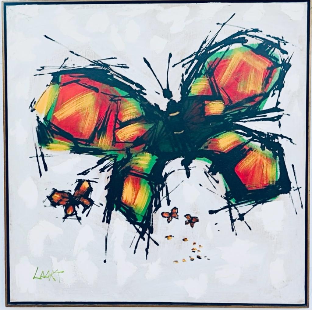 Vintage Abstract Mid Century Modern Butterfly Gemälde signiert gerahmt im Angebot 10