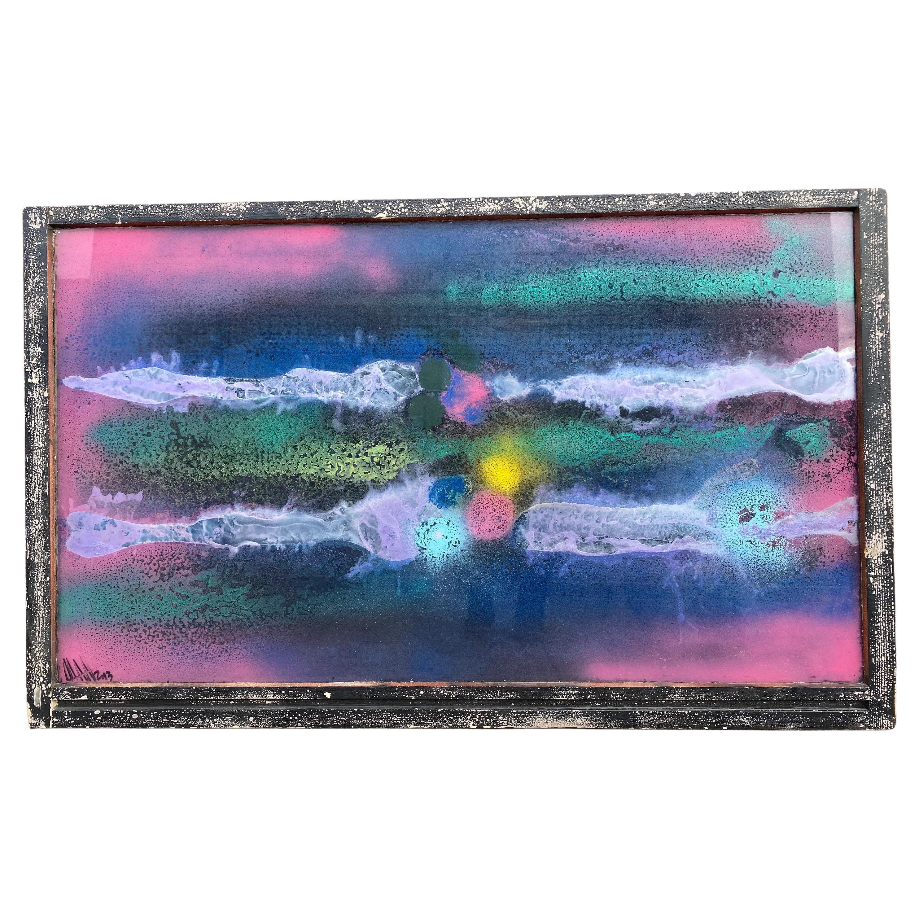Vintage Abstract Mixed Media Glass Hanging Wall Art Firmato da Mark Narens