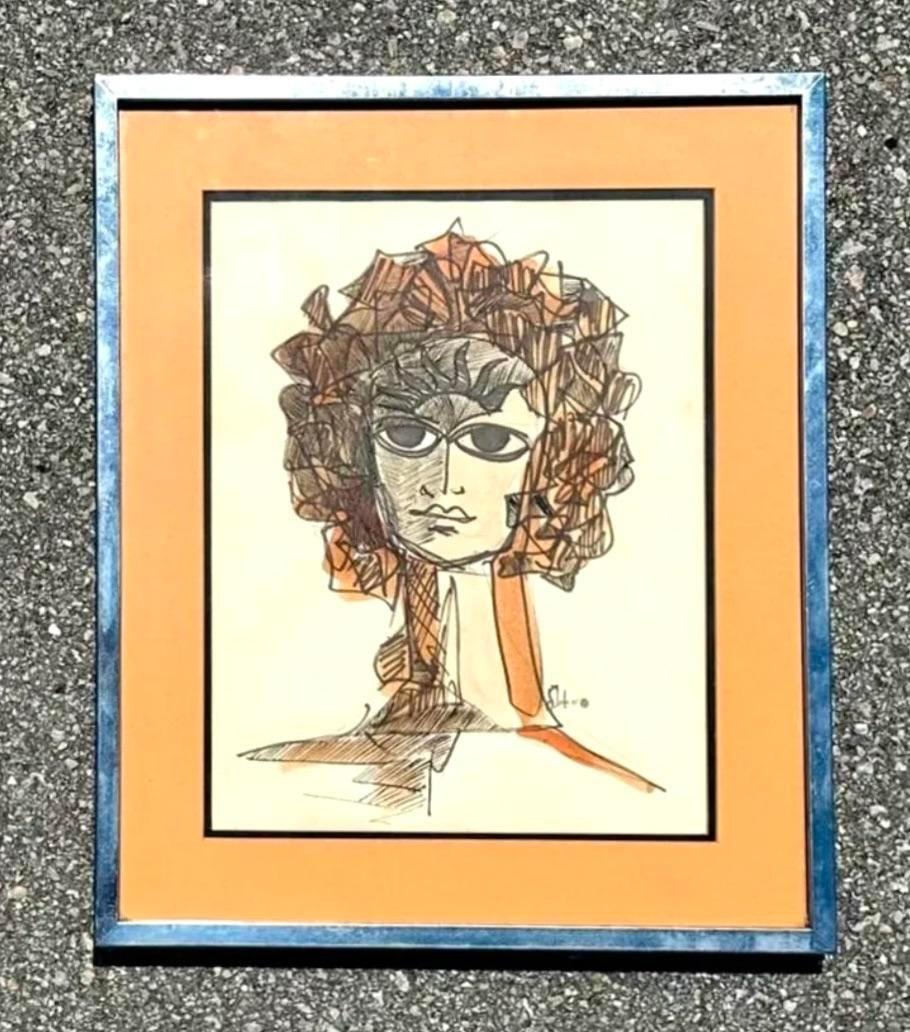 Incarnando il ricco arazzo della creatività americana, questo ritratto astratto vintage su carta è un'accattivante miscela di espressione artistica tradizionale e moderna. La fusione dinamica di tecniche miste rende omaggio allo spirito eclettico e