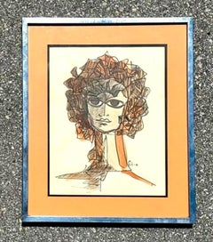 Vintage Abstract Mixed Media Portrait on Paper Drawing Signed Toledo