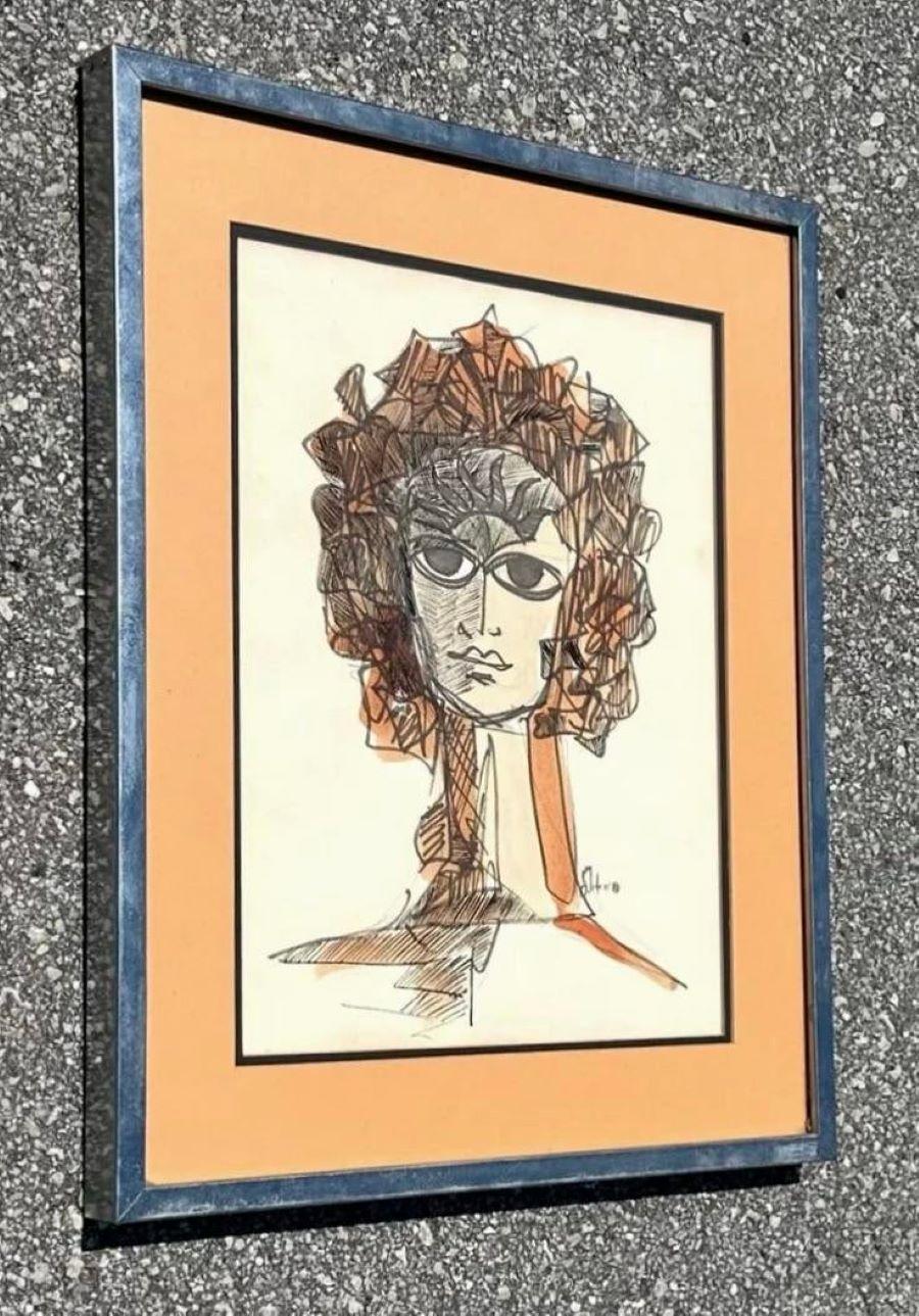 Ritratto astratto vintage a tecnica mista su carta firmato Toledo In condizioni buone in vendita a west palm beach, FL