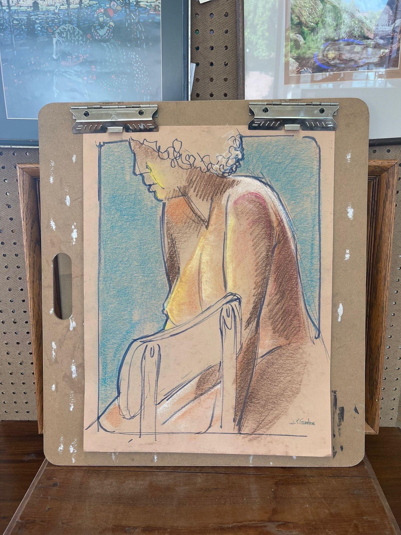 Mid-Century Modern Vintage Abstract Nude Portrait Woman. Possibly Pastel on Paper. For Sale