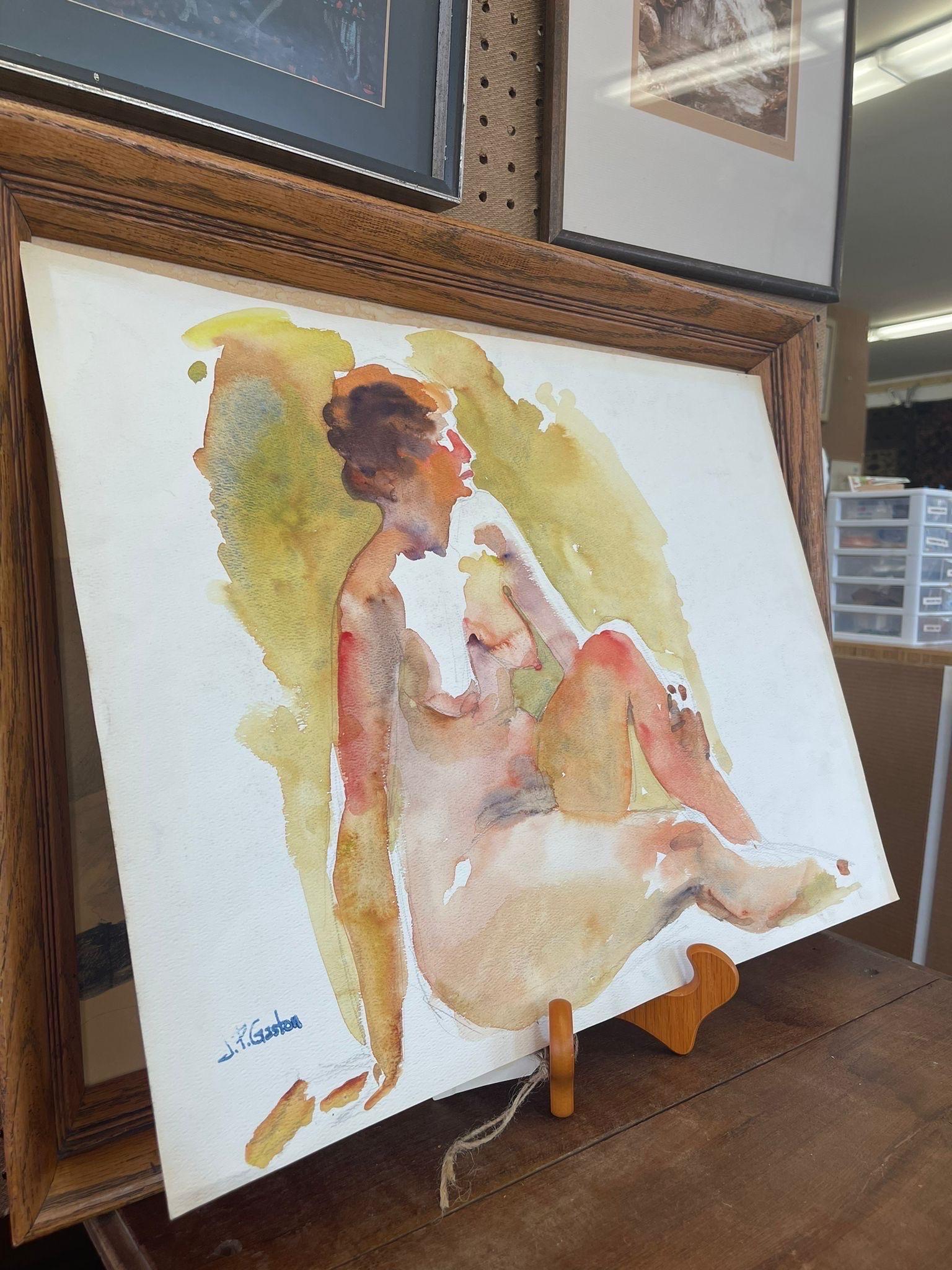 Mid-Century Modern Vintage Abstract Nude Portrait Woman Possibly WaterColor on Paper With Pencil For Sale
