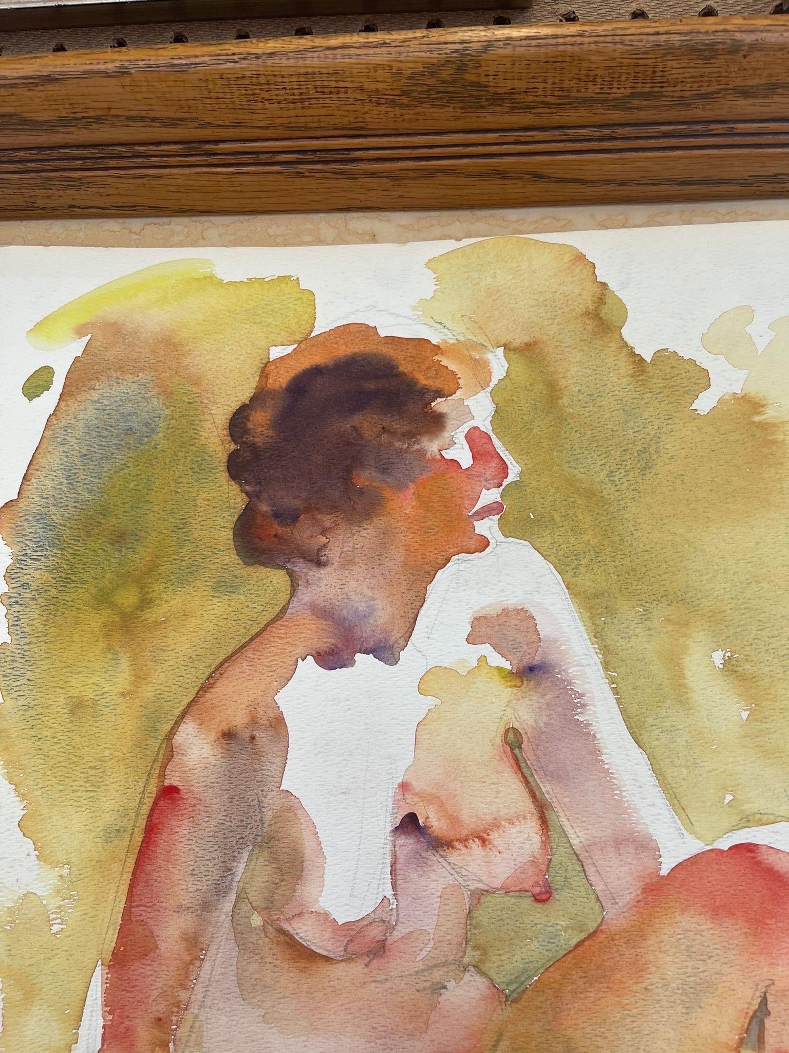 Vintage Abstract Nude Portrait Woman Possibly WaterColor on Paper With Pencil In Good Condition For Sale In Seattle, WA