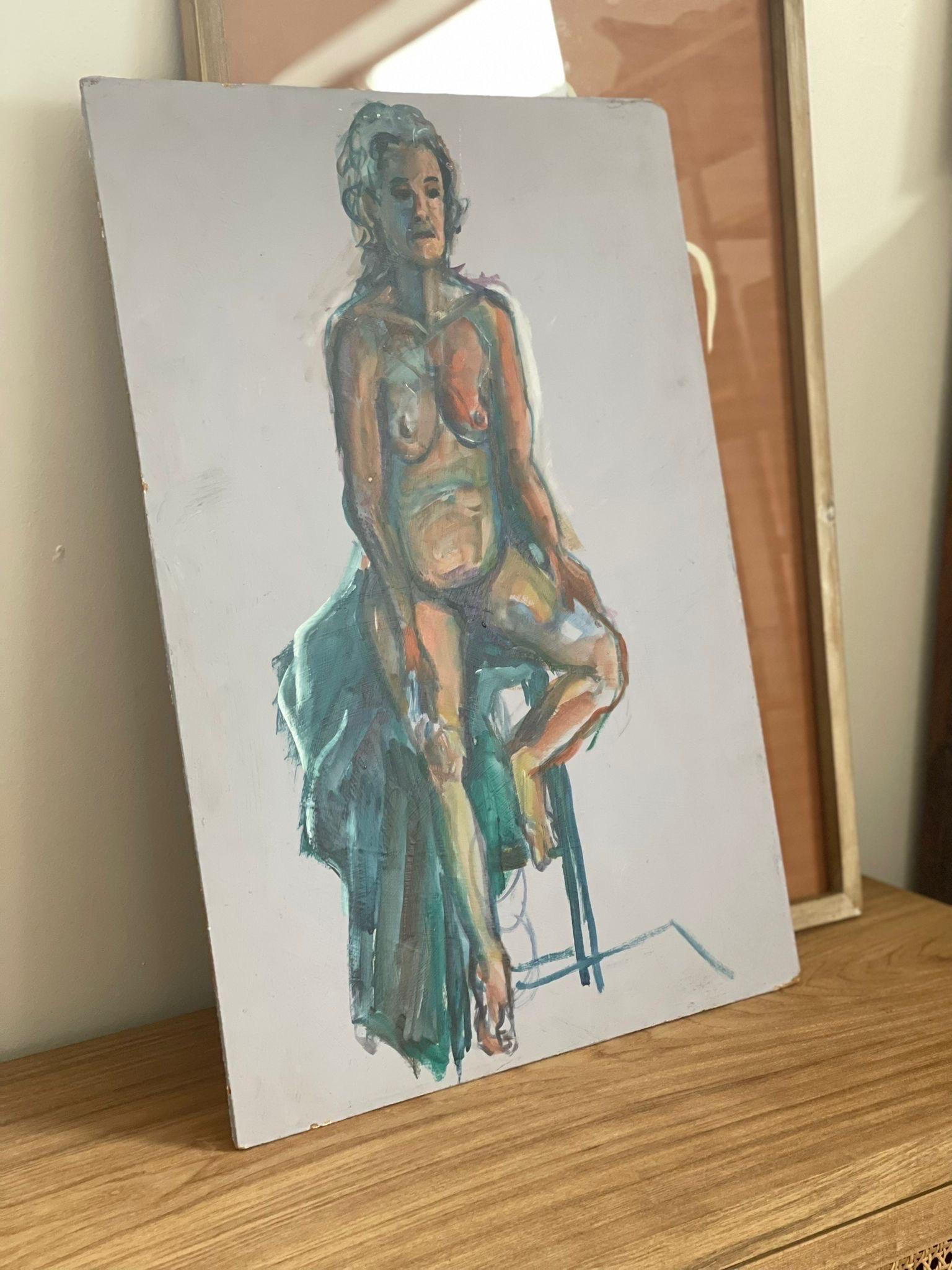 Mid-Century Modern Vintage Abstract Nude Woman Figure Drawing on Board For Sale