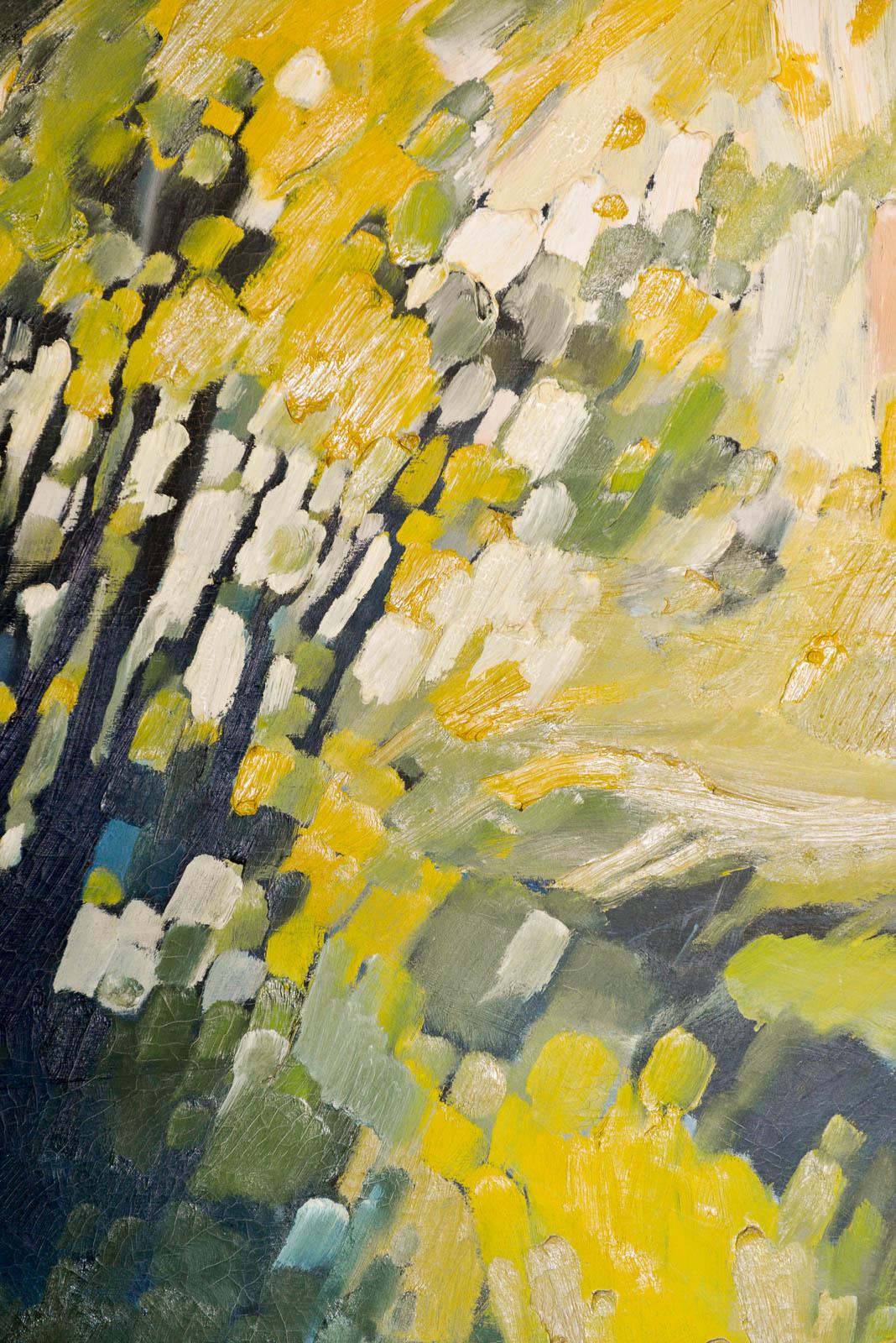 Abstraktes Öl auf Leinwand von John Nelson Gallery Pasadena, CA, 1979. Schöne Gelb- und Grüntöne. Dieses Original-Öl auf Leinwand misst 30