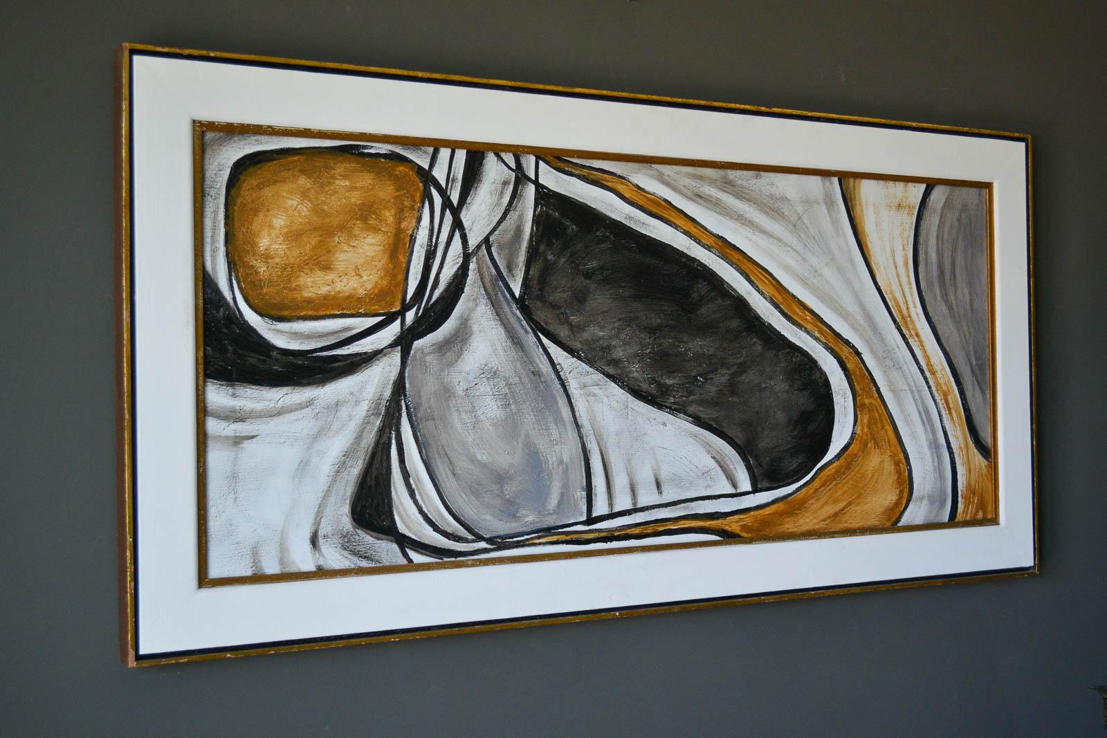 Original oil on canvas abstract vintage Mid-Century Modern painting. Beautifully framed with linen matt and gold trim. Nice color palette. Unsigned.

Measures 54.5
