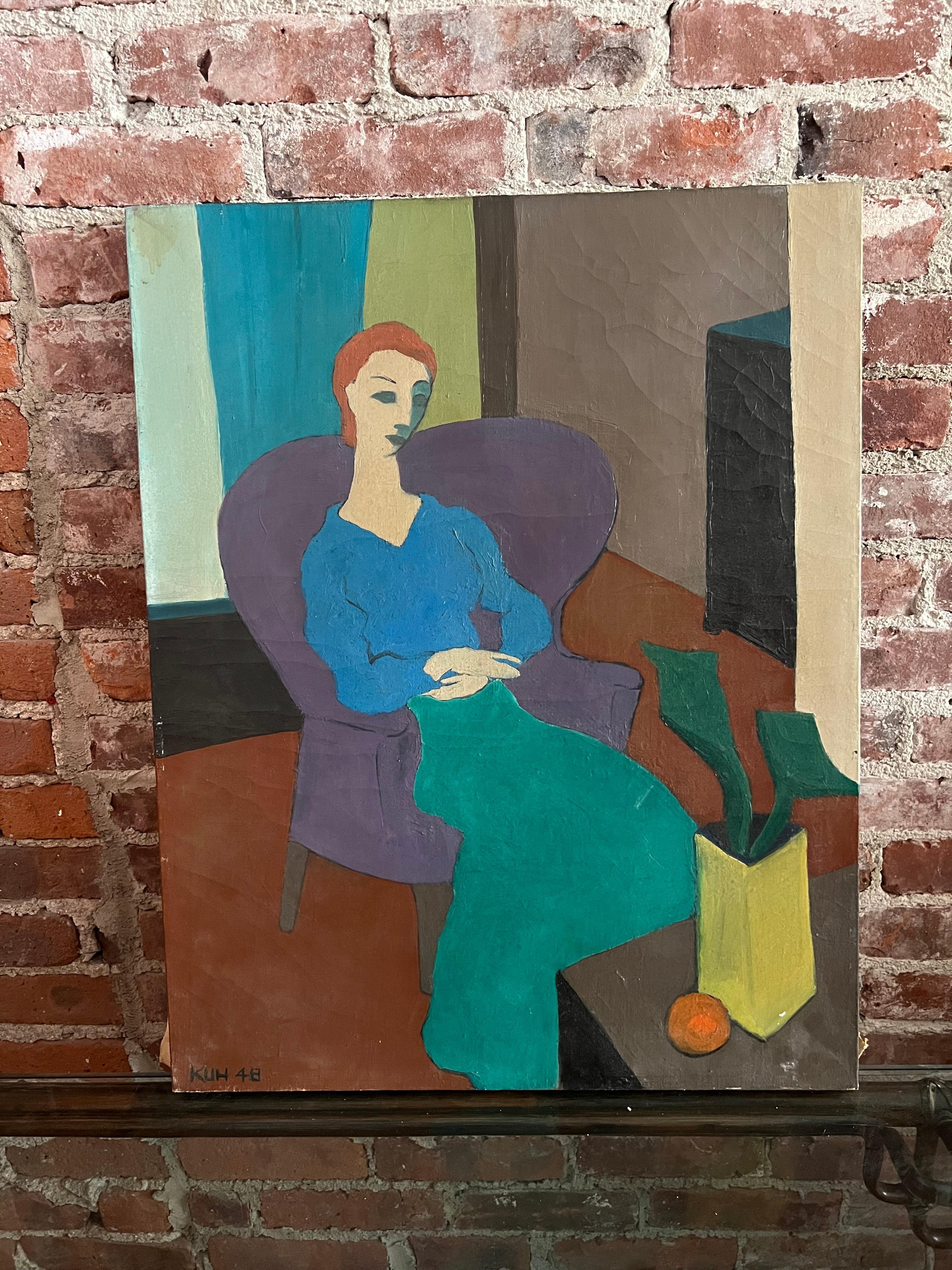 Ein eindrucksvolles Porträt einer sitzenden weiblichen Figur des amerikanischen Künstlers Howard Kuh aus dem Jahr 1948. Das Gemälde spiegelt die klare, geometrische und ausdrucksstarke Einfachheit der Nachkriegsmoderne wider. Die satten Farben und