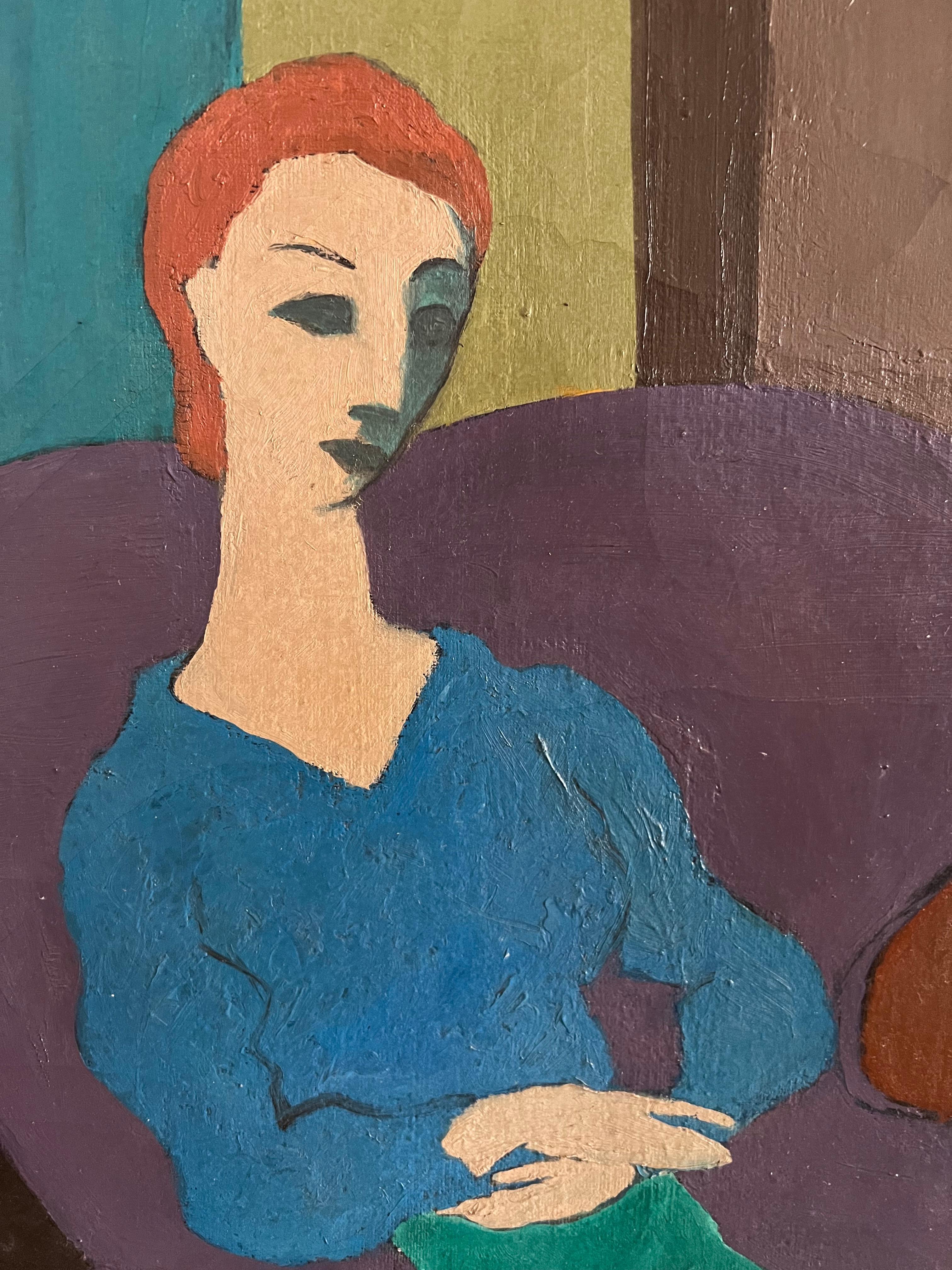 Vintage Abstraktes Öl auf Leinwand einer sitzenden Frau, signiert (Moderne der Mitte des Jahrhunderts) im Angebot