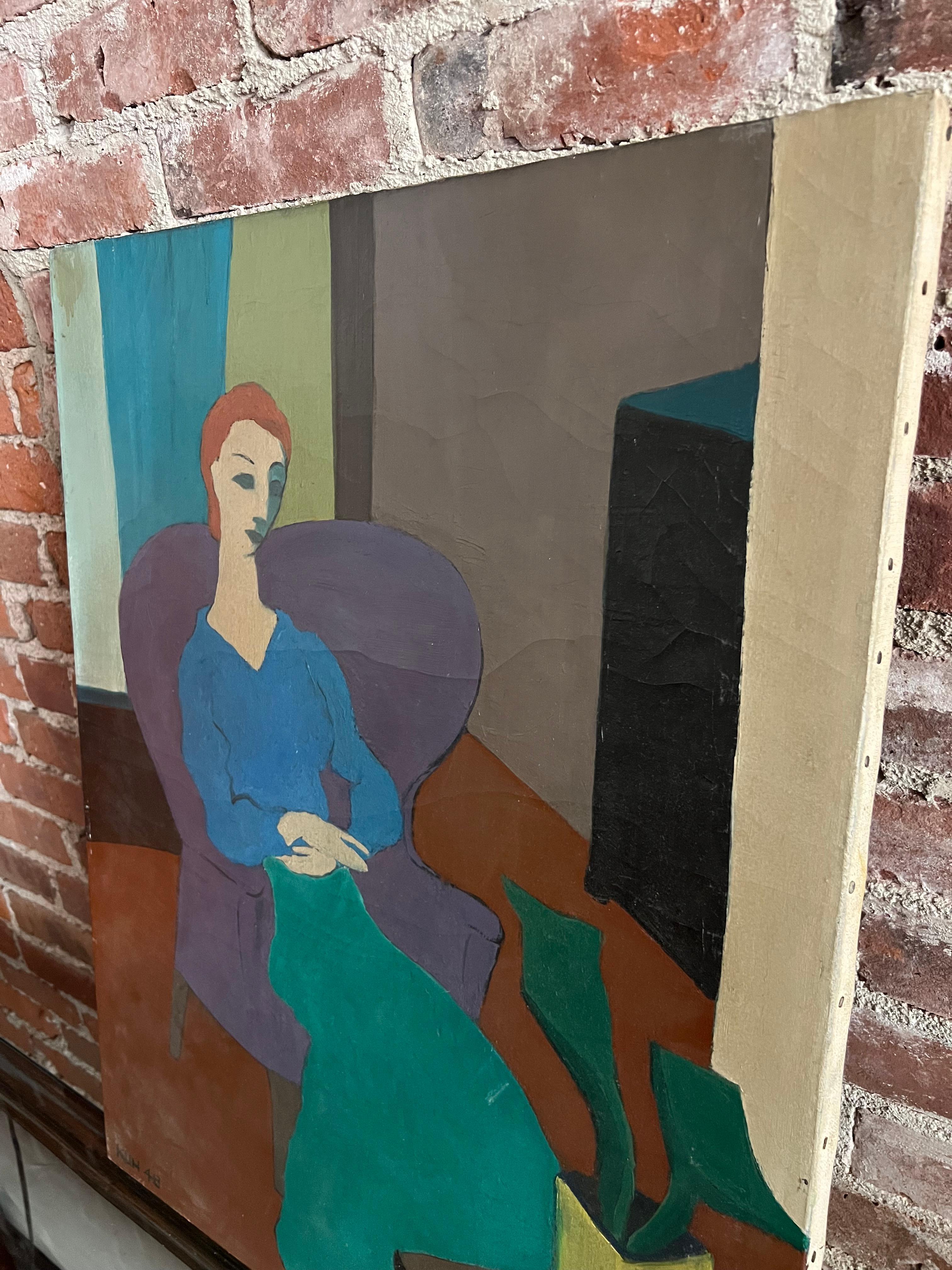 Vintage Abstraktes Öl auf Leinwand einer sitzenden Frau, signiert (Mitte des 20. Jahrhunderts) im Angebot