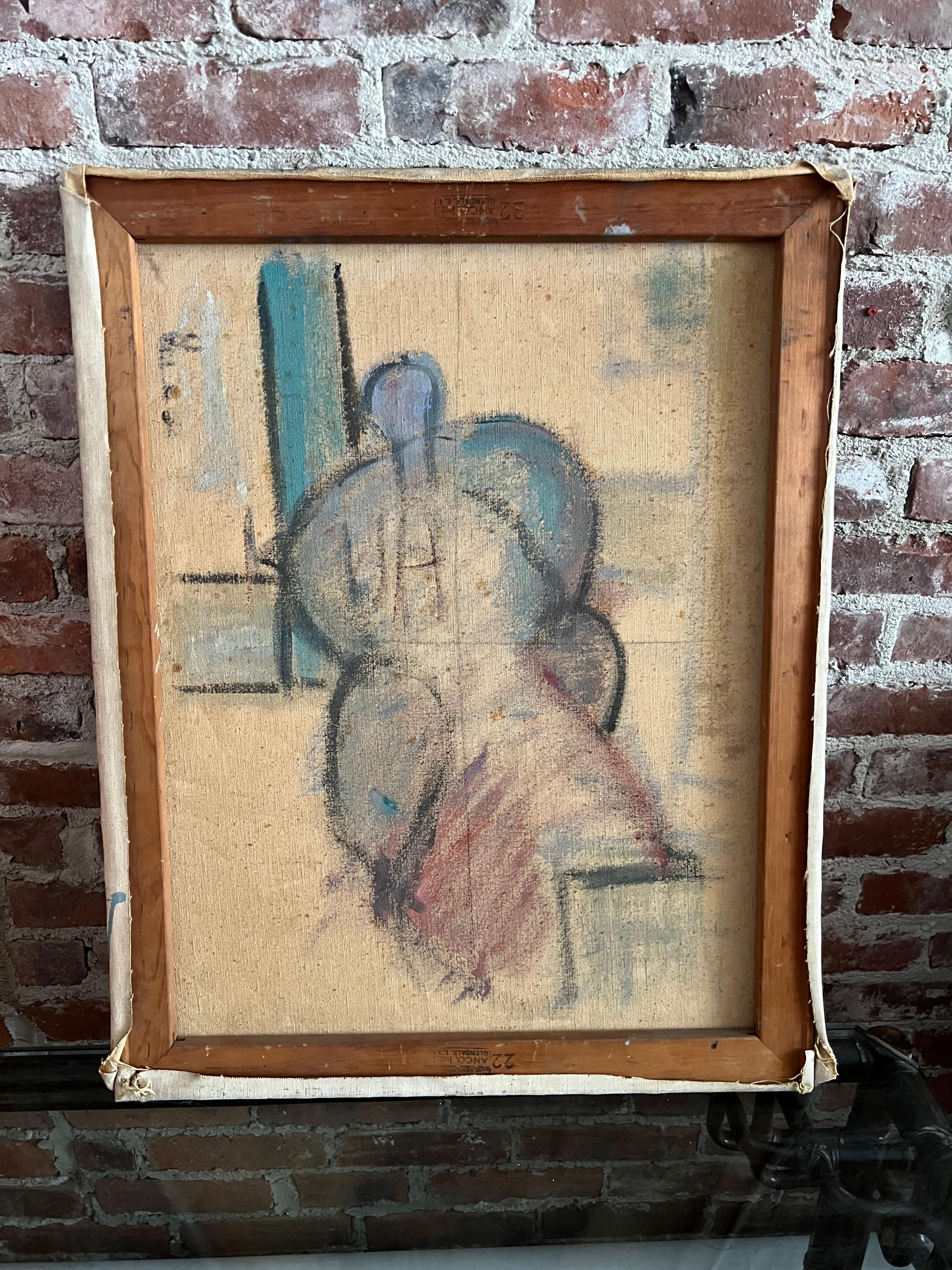 Vintage Abstraktes Öl auf Leinwand einer sitzenden Frau, signiert im Angebot 1