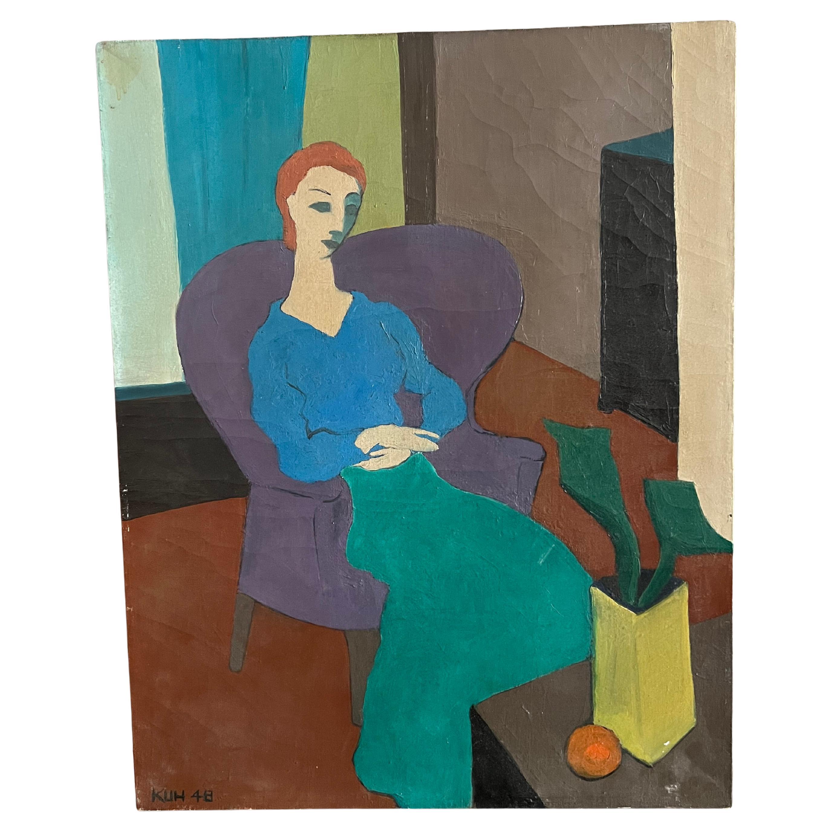 Vintage Abstraktes Öl auf Leinwand einer sitzenden Frau, signiert