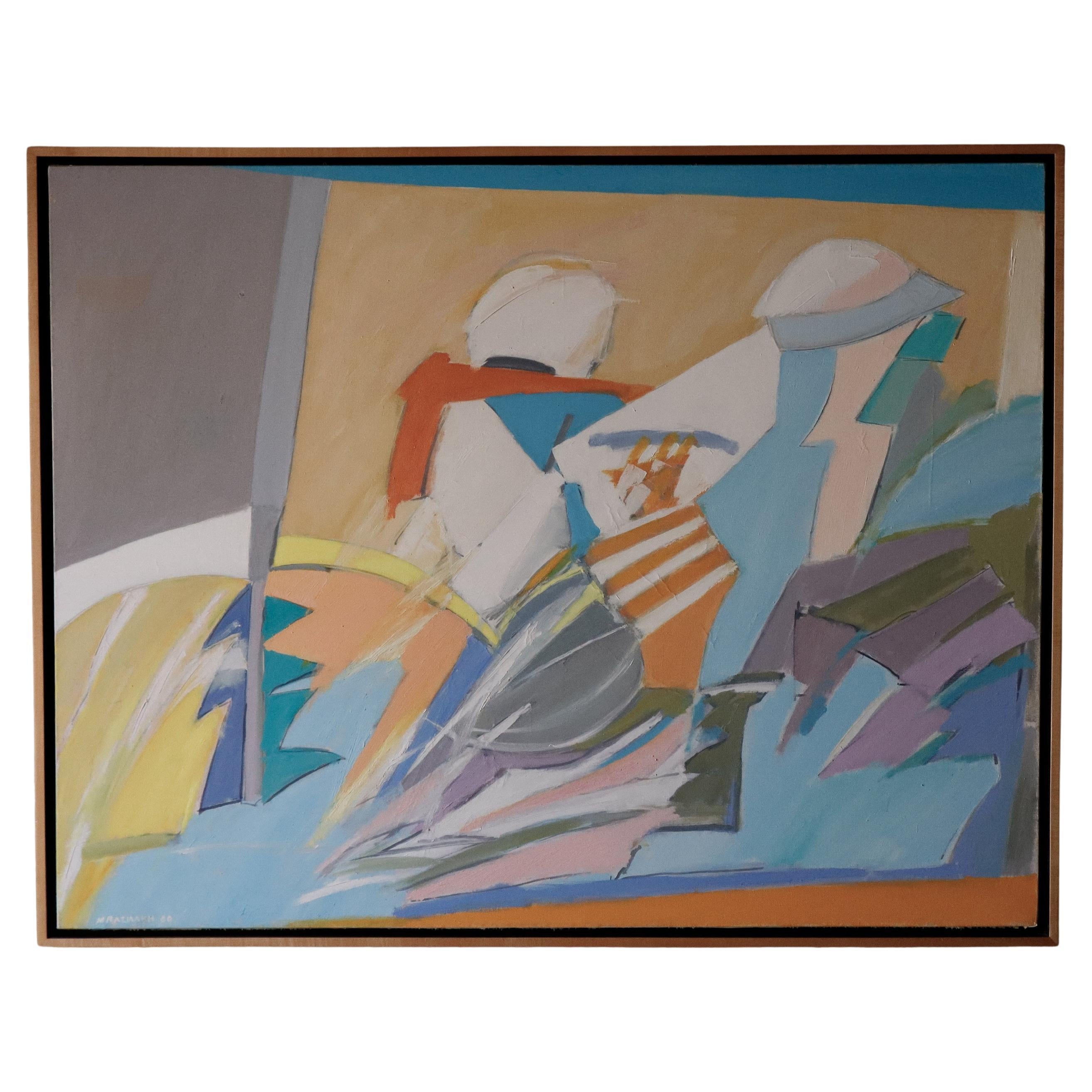 Pintura abstracta vintage al óleo sobre lienzo, finales de los 70