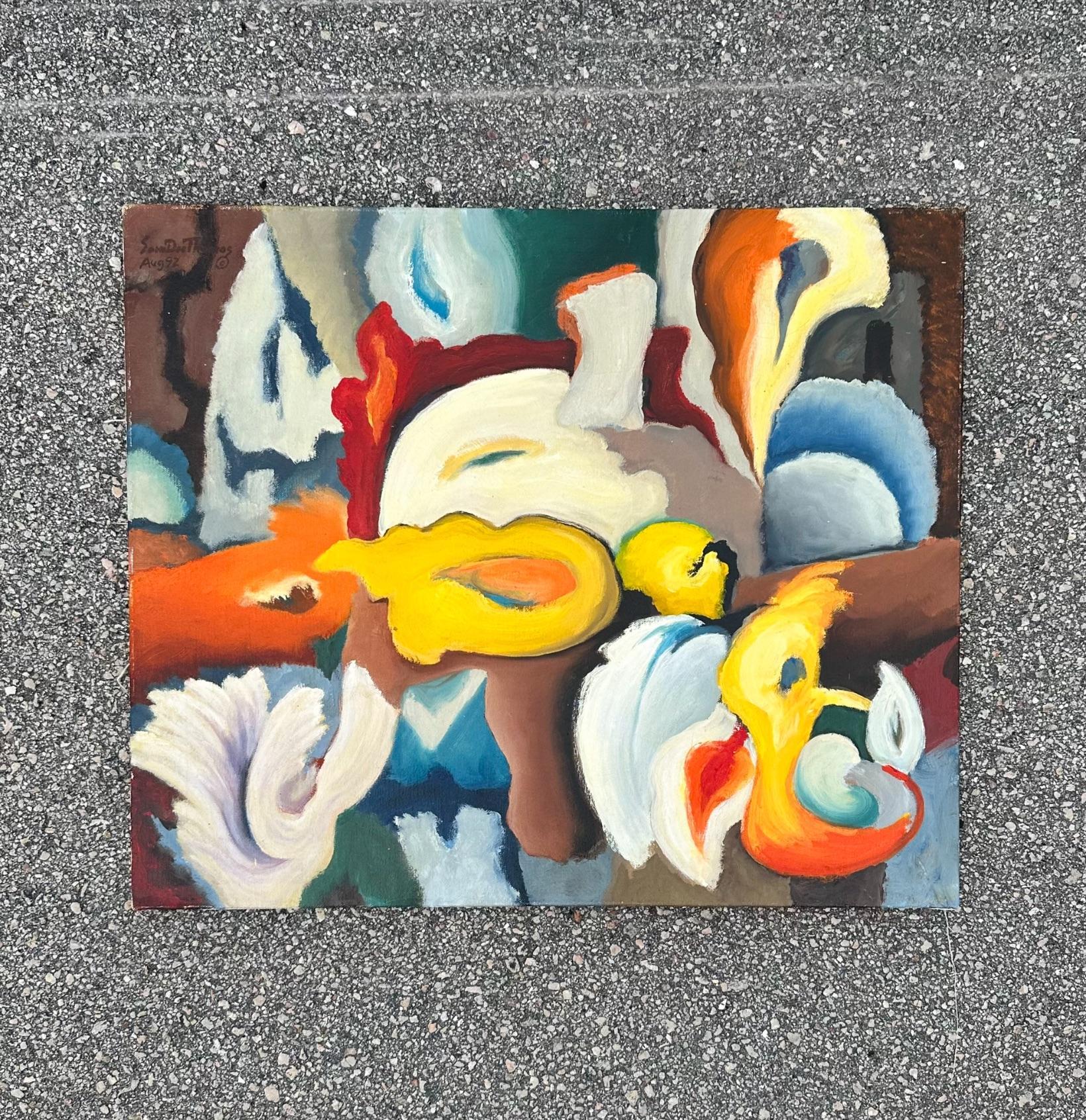 Questo splendido olio astratto su tela fa un grande uso di colori vivaci per formare un astratto convincente. Il giallo e l'arancione contrastano graziosamente con le colorazioni bianche e marroni della linea tra le numerose forme curve. Acquistato