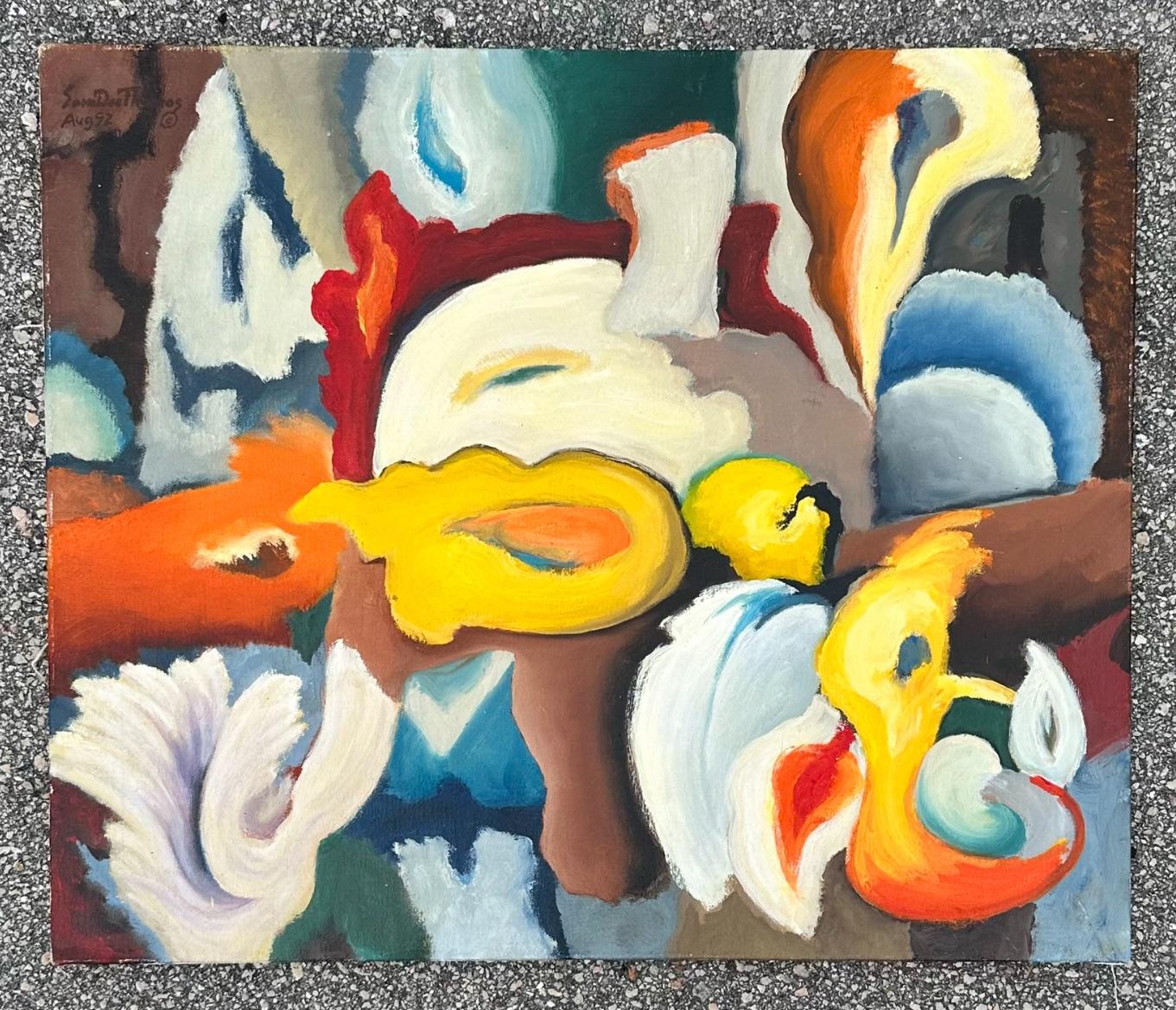 XX secolo Pittura ad olio astratta vintage di foglie su tela in vendita
