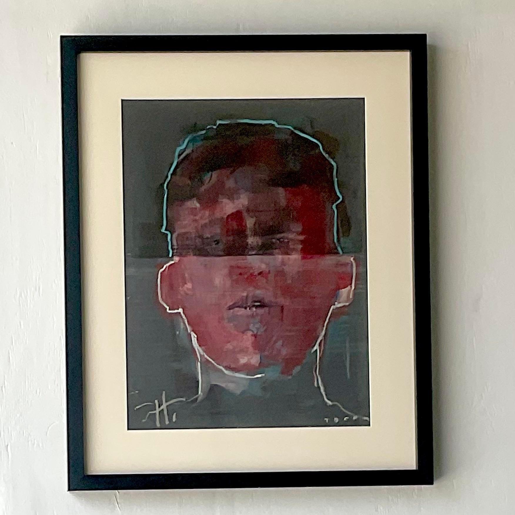 A fabulous vintage Boho original oil portrait. A chic contemporary composition of a young man. Dark and seductive colors. Signed by the British artist. Acquired from a Palm Beach estate. 