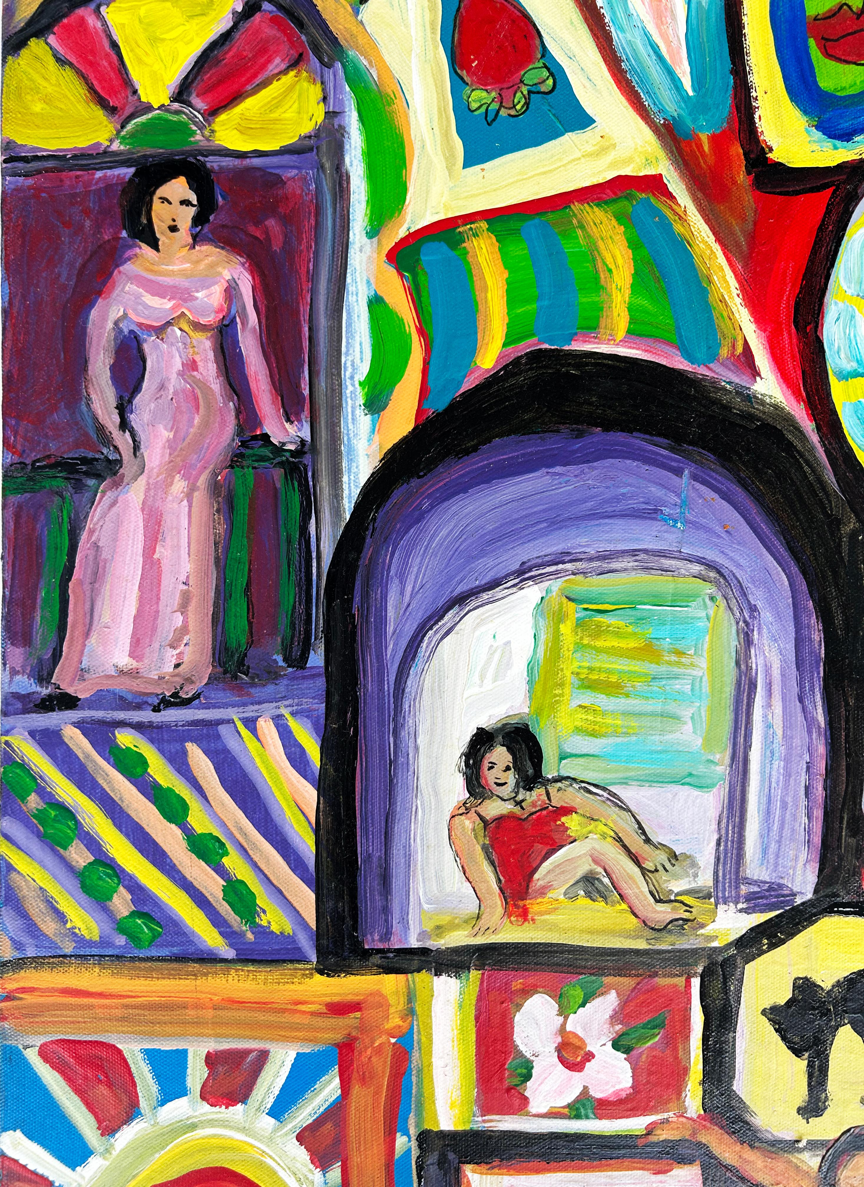  Pittura astratta d'epoca, artista cubano-americana Gloria Allison, firmata 

In vendita un colorato ed estroso dipinto in acrilico su tela dell'artista cubano-americana Gloria Allison (1924-2013).  Questo grande quadro colorato è teso, cablato e