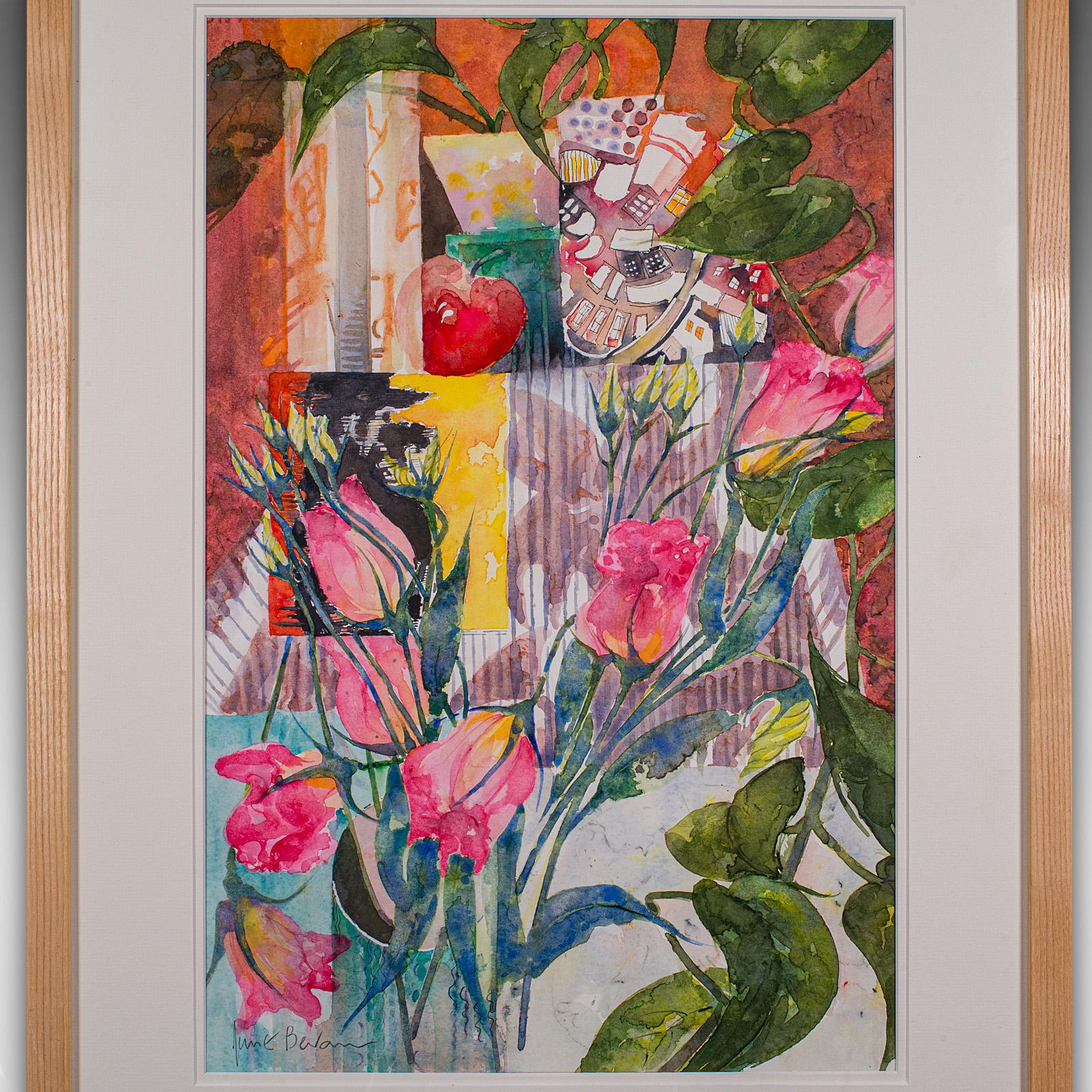 Britannico Pittura astratta d'epoca, inglese, acquerello incorniciato, studio di fiori, arte firmata in vendita