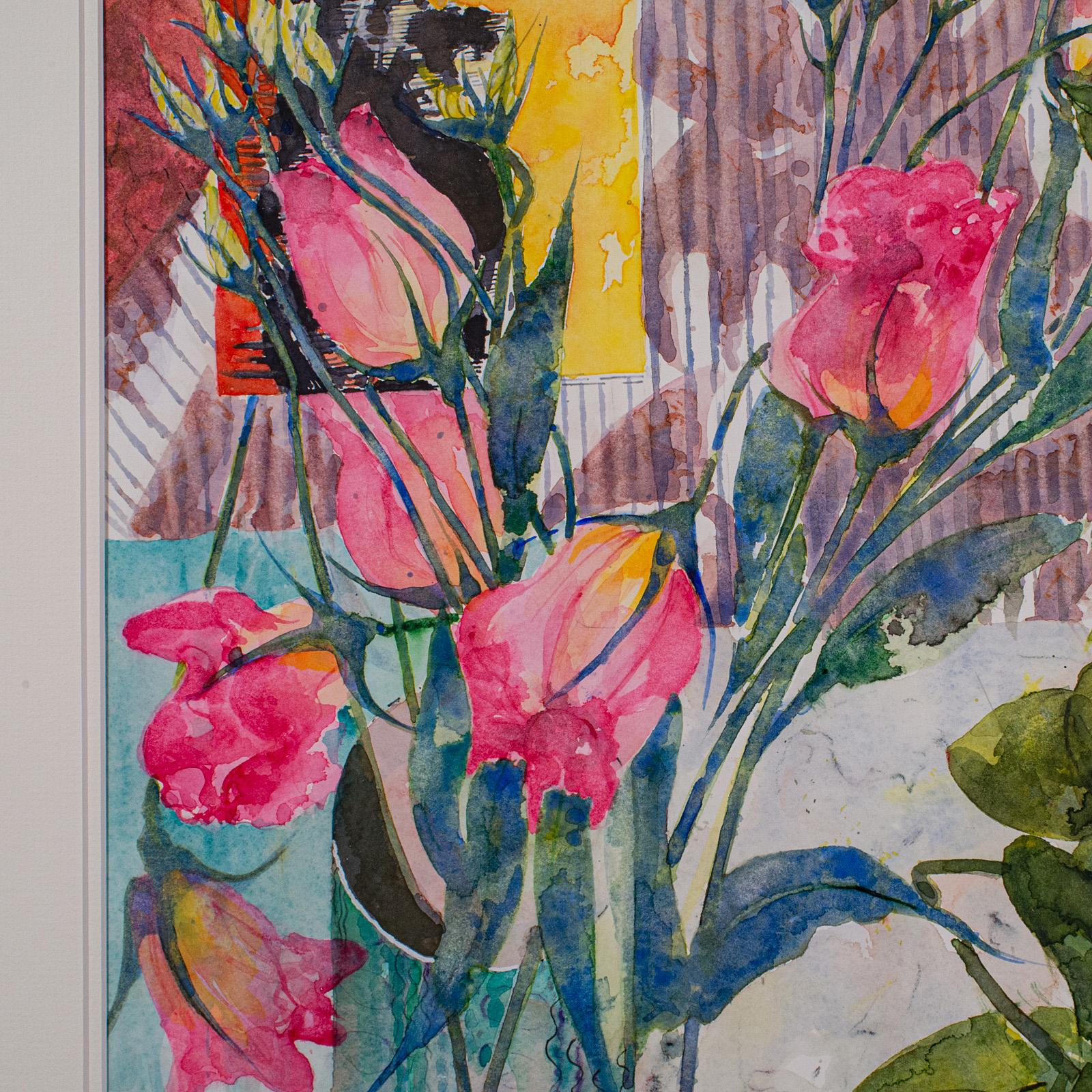 XX secolo Pittura astratta d'epoca, inglese, acquerello incorniciato, studio di fiori, arte firmata in vendita