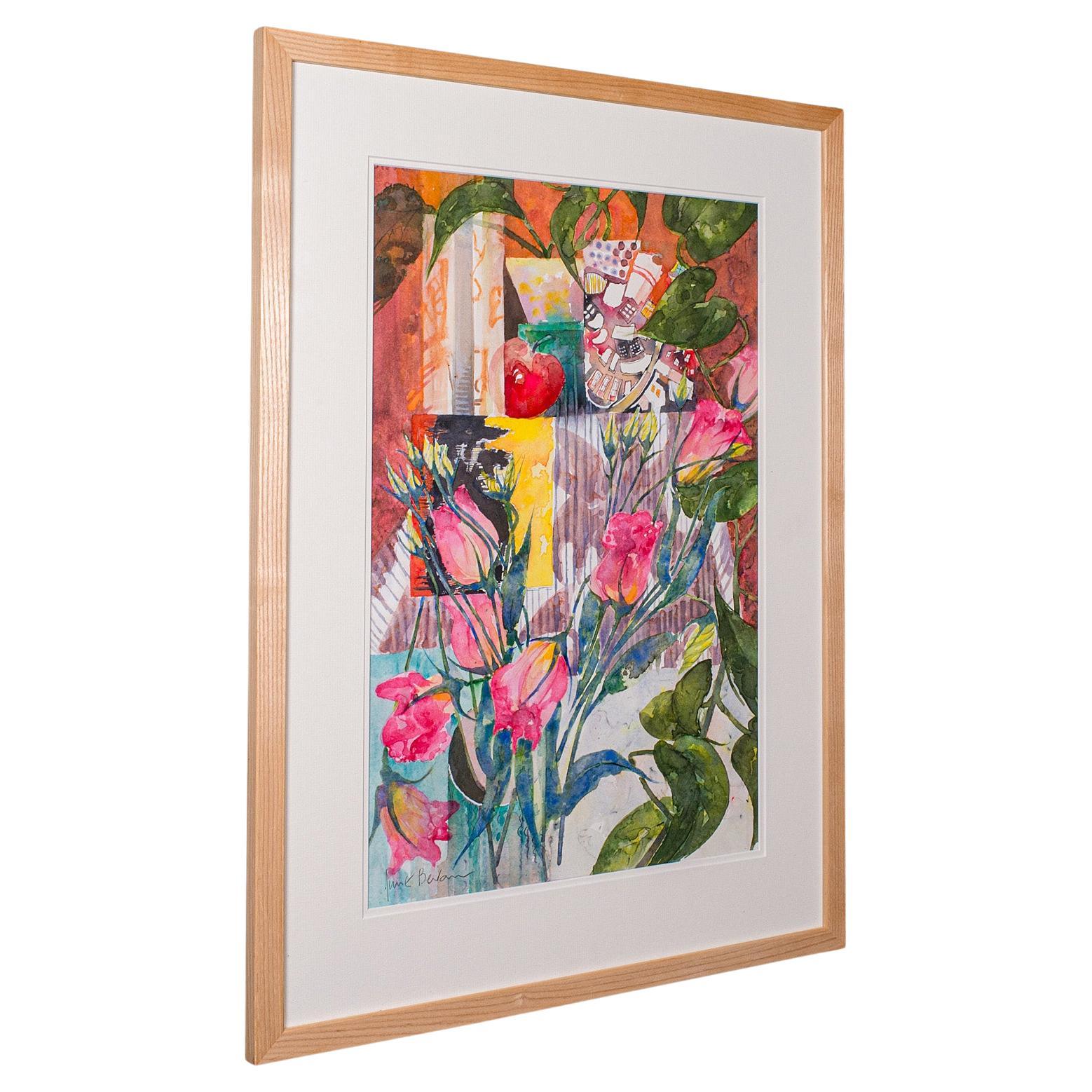 Peinture abstraite anglaise, aquarelle encadrée, étude de fleurs, signée