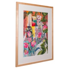 Peinture abstraite anglaise, aquarelle encadrée, étude de fleurs, signée