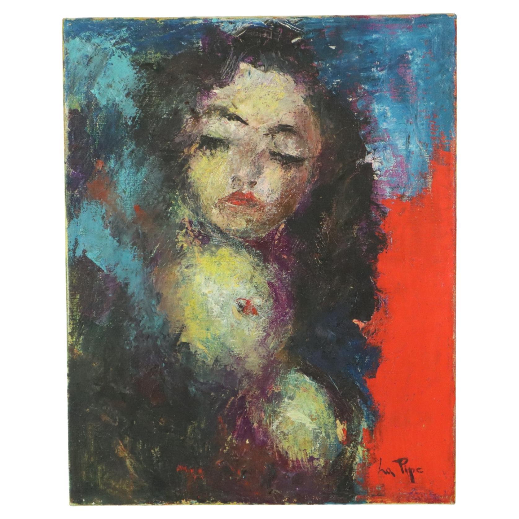 Vintage Abstraktes Gemälde auf Leinwand Nackte Frau La Pipe (1922-2000)