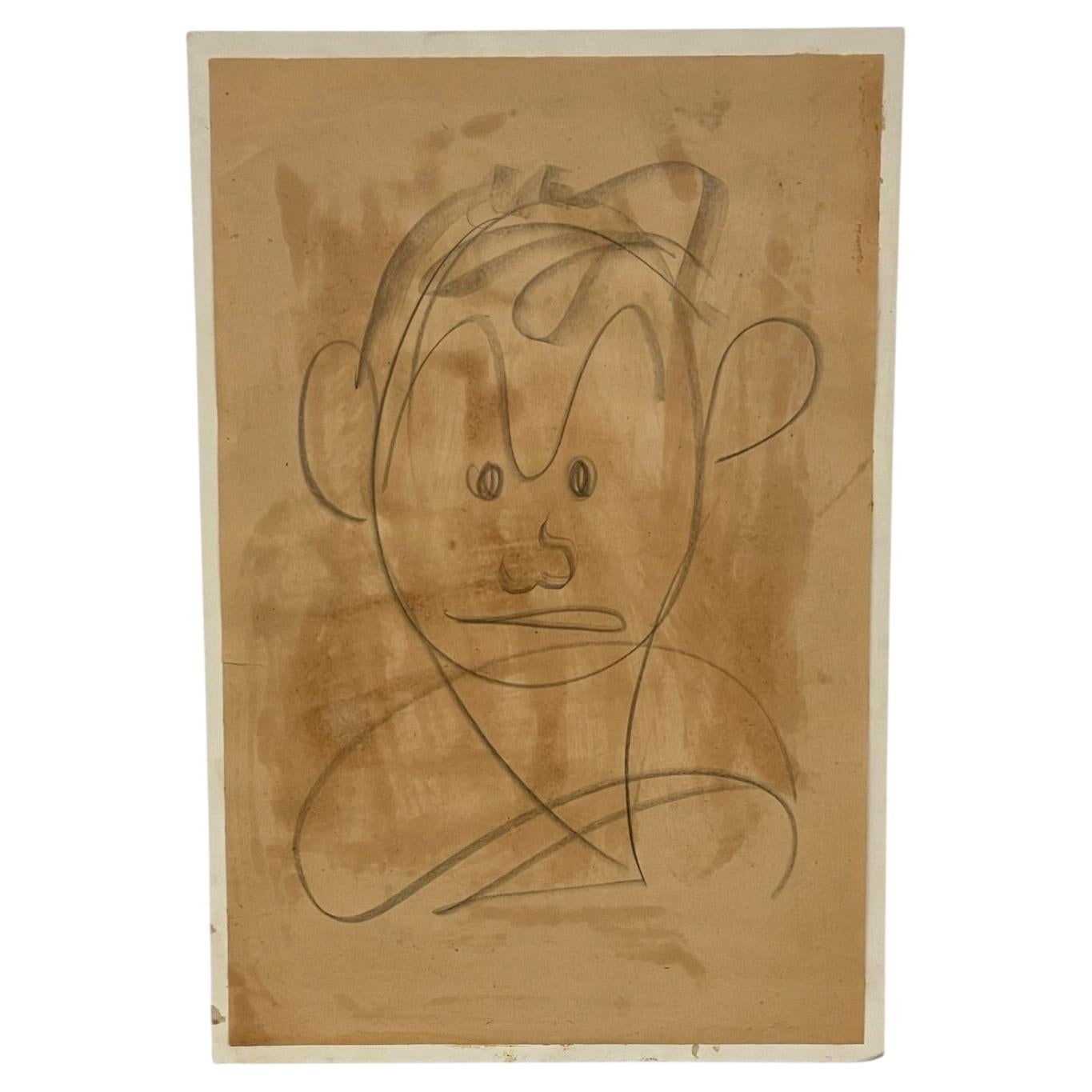 Dessin abstrait vintage représentant un portrait, réalisé sur papier teinté par Jerry Owen.