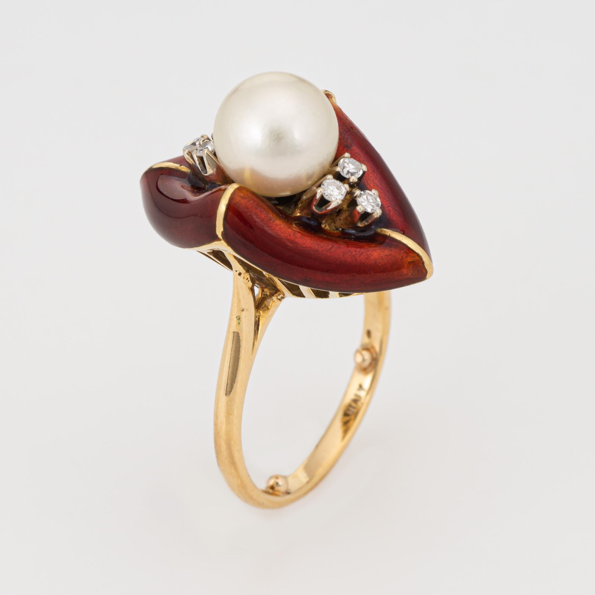 Stylish abstract diamond and cultured pearl cocktail ring crafted in 18k yellow gold (circa 1970s). 

Cultured pearl measures 7.5mm. Six single cut diamonds total an estimated 0.06 carats (estimated at H-I color and SI1-I1 clarity). Note: slight