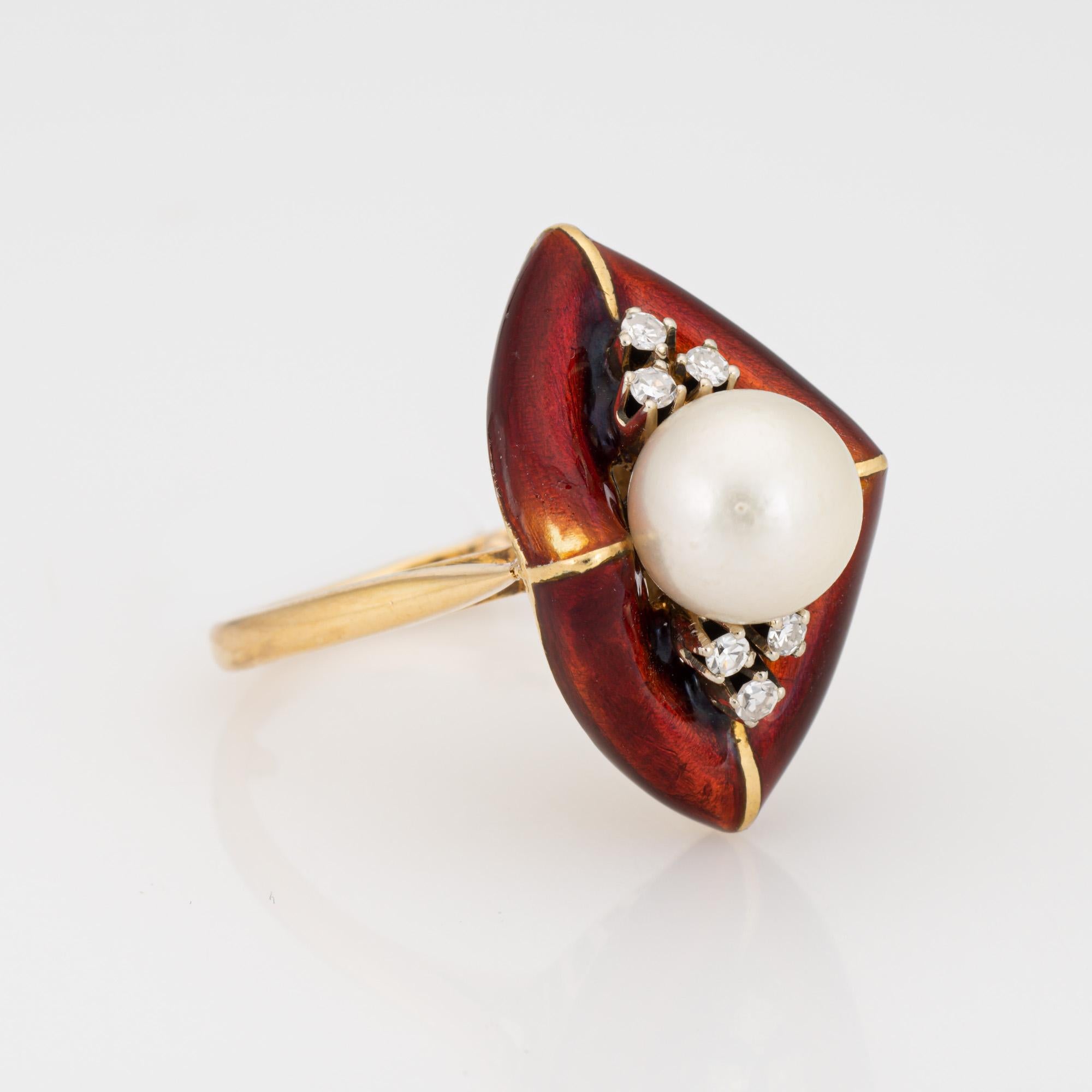 Modern Vintage Abstract Ring Diamond Red Enamel Cultured Pearl Sz 6 Cocktail Jewelry  For Sale