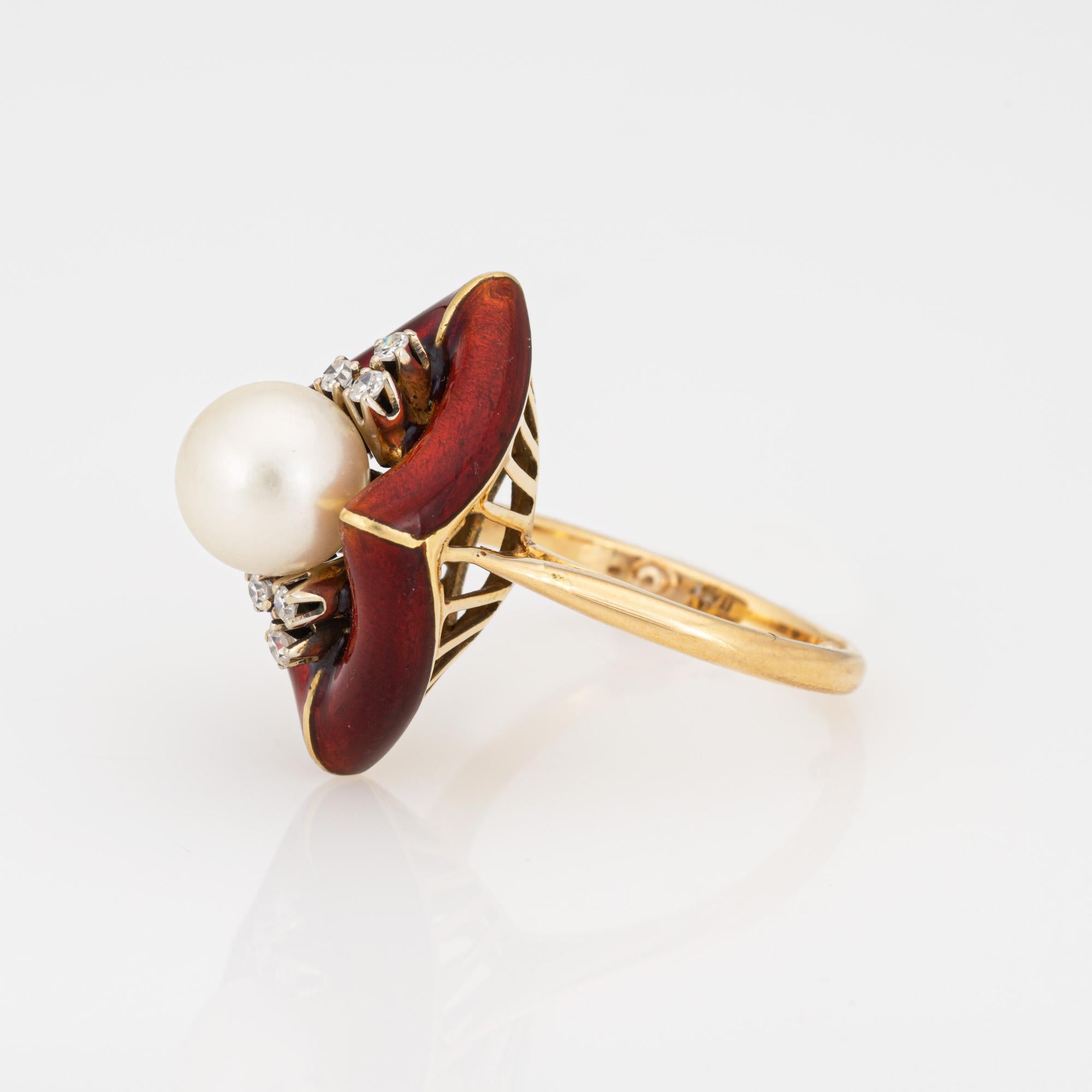 Round Cut Vintage Abstract Ring Diamond Red Enamel Cultured Pearl Sz 6 Cocktail Jewelry  For Sale