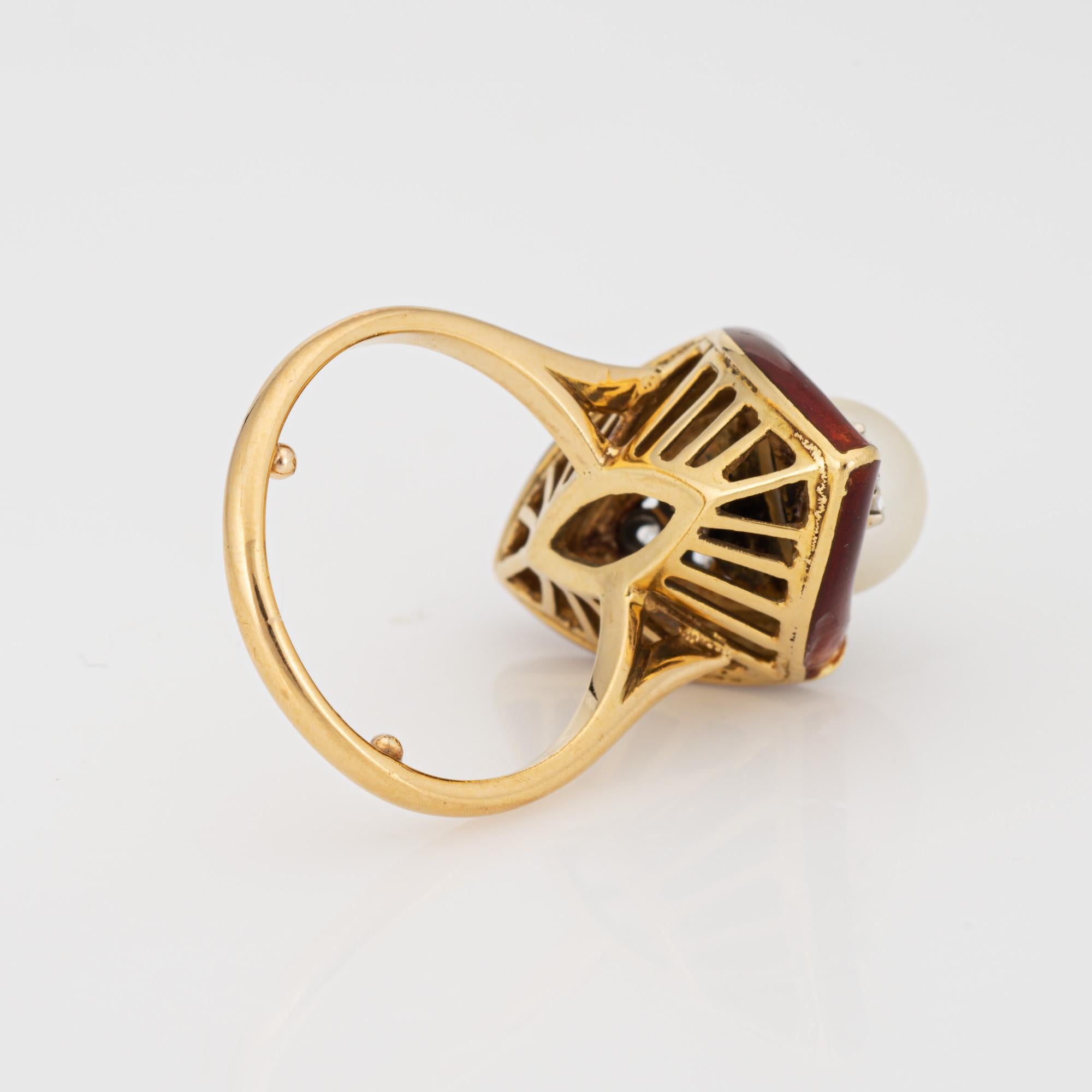Vintage Abstract Ring Diamond Red Enamel Cultured Pearl Sz 6 Cocktail Jewelry In Good Condition For Sale In Torrance, CA