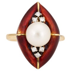 Abstrakter Vintage-Cocktailschmuck, Diamant, rote Emaille, Zuchtperlen, Gr. 6